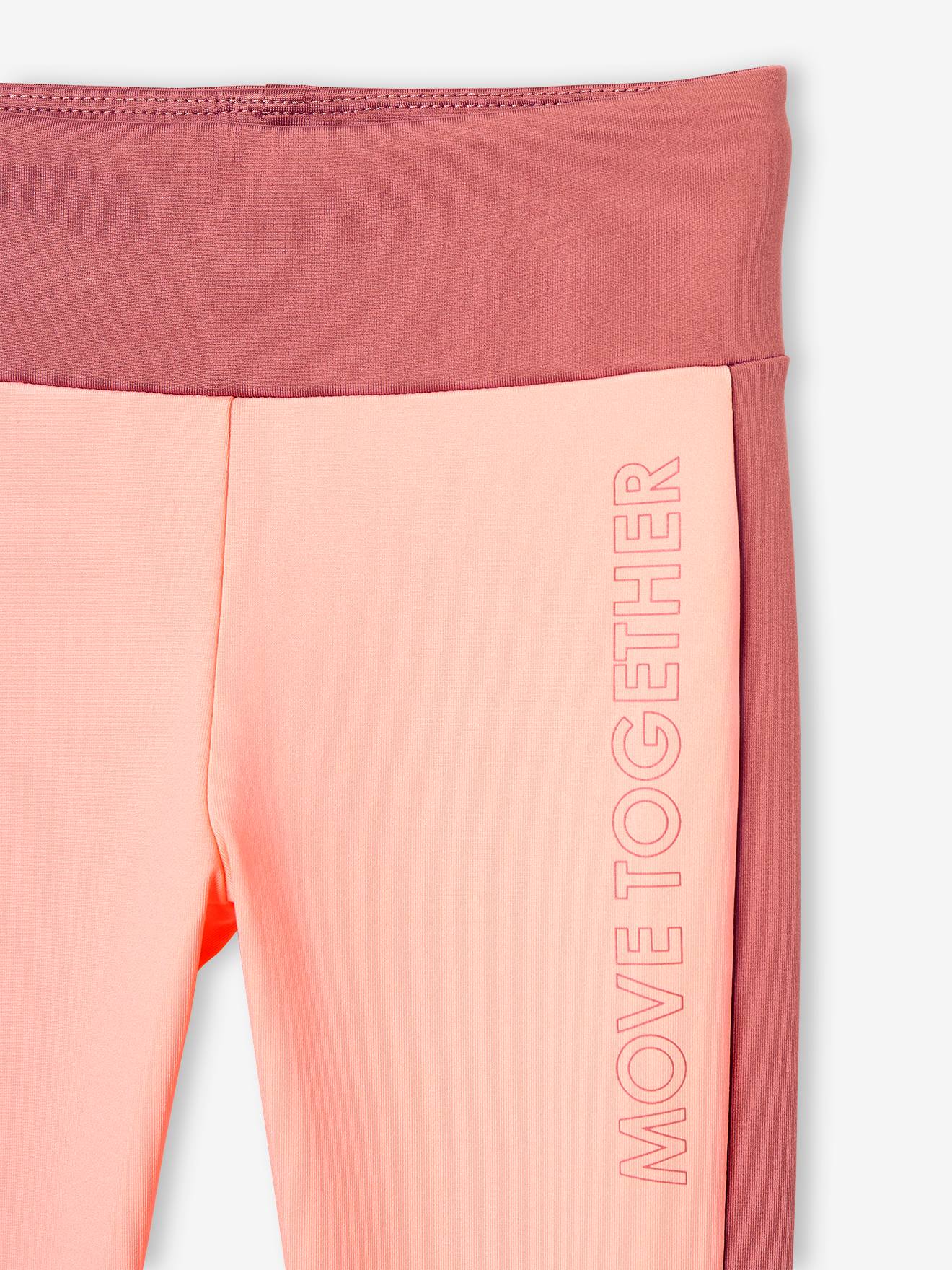 Legging sport matière technique fille bandes côtés corail fluo