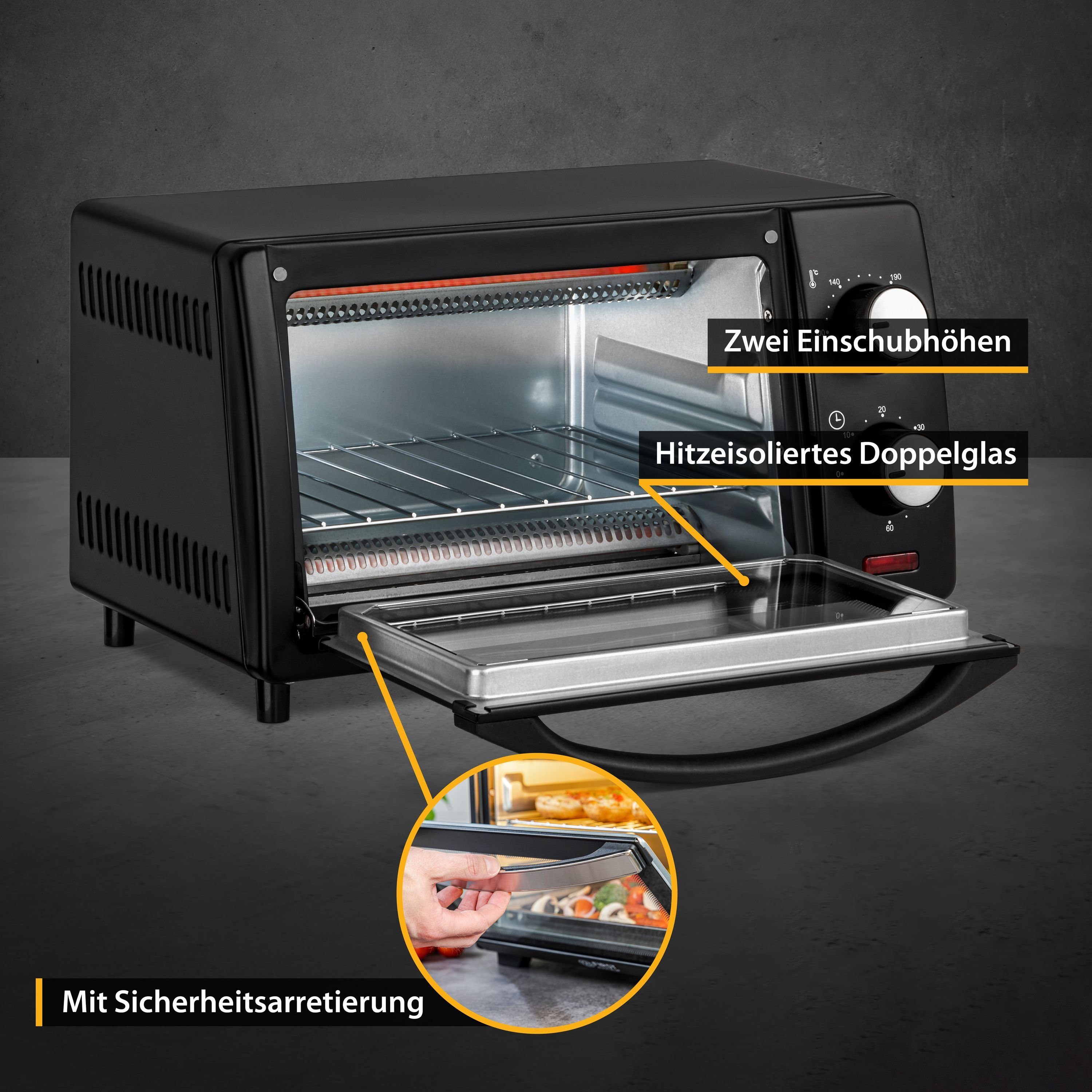 TZS FIRST AUSTRIA Minibackofen 10L Mini Backofen, 800W, bis 230 Grad, stufenlose Temperaturregelung, 60 Minuten Timer, 2 Einschubhöhen, Doppelglastür, Mini Ofen