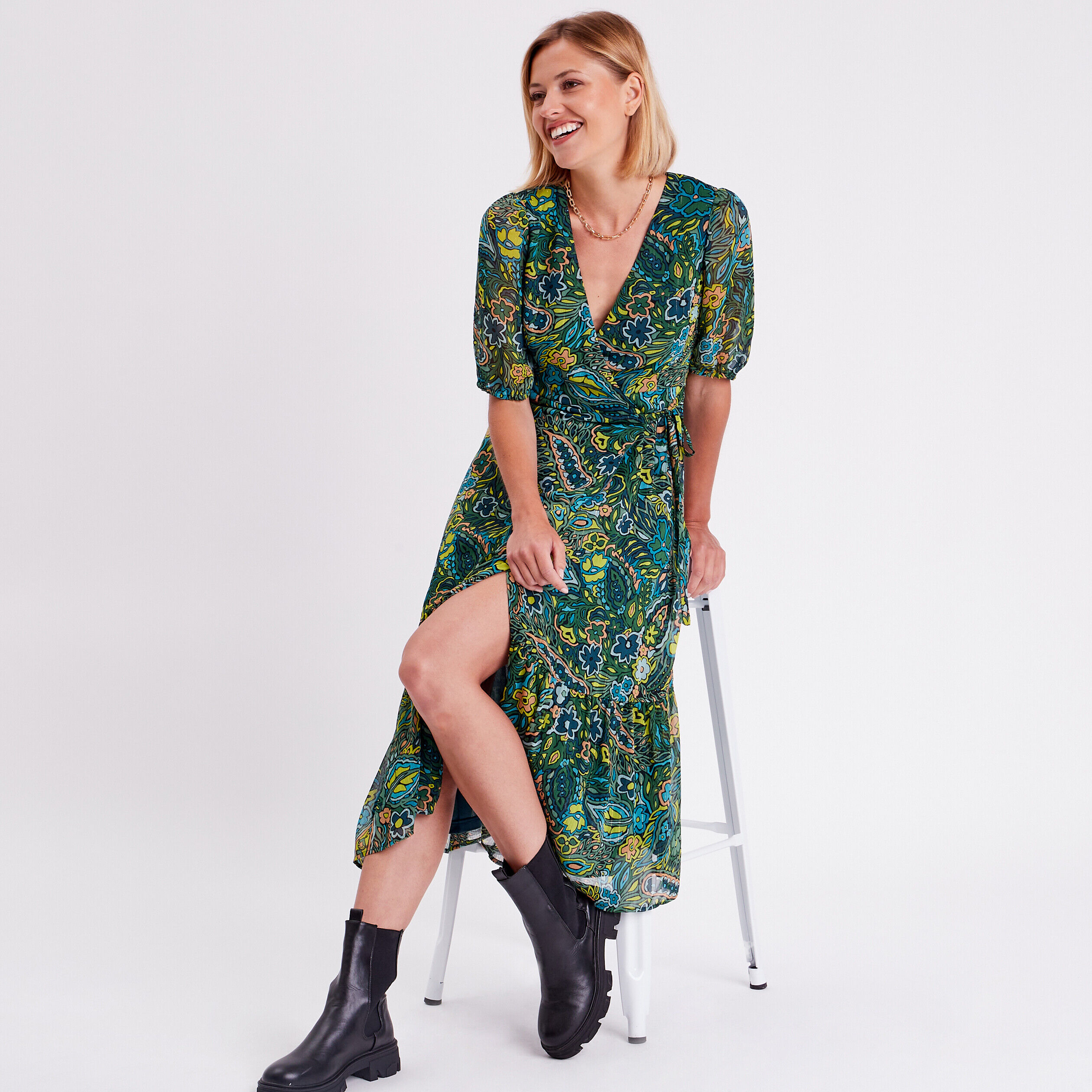 Robe longue portefeuille noir femme | Cache Cache