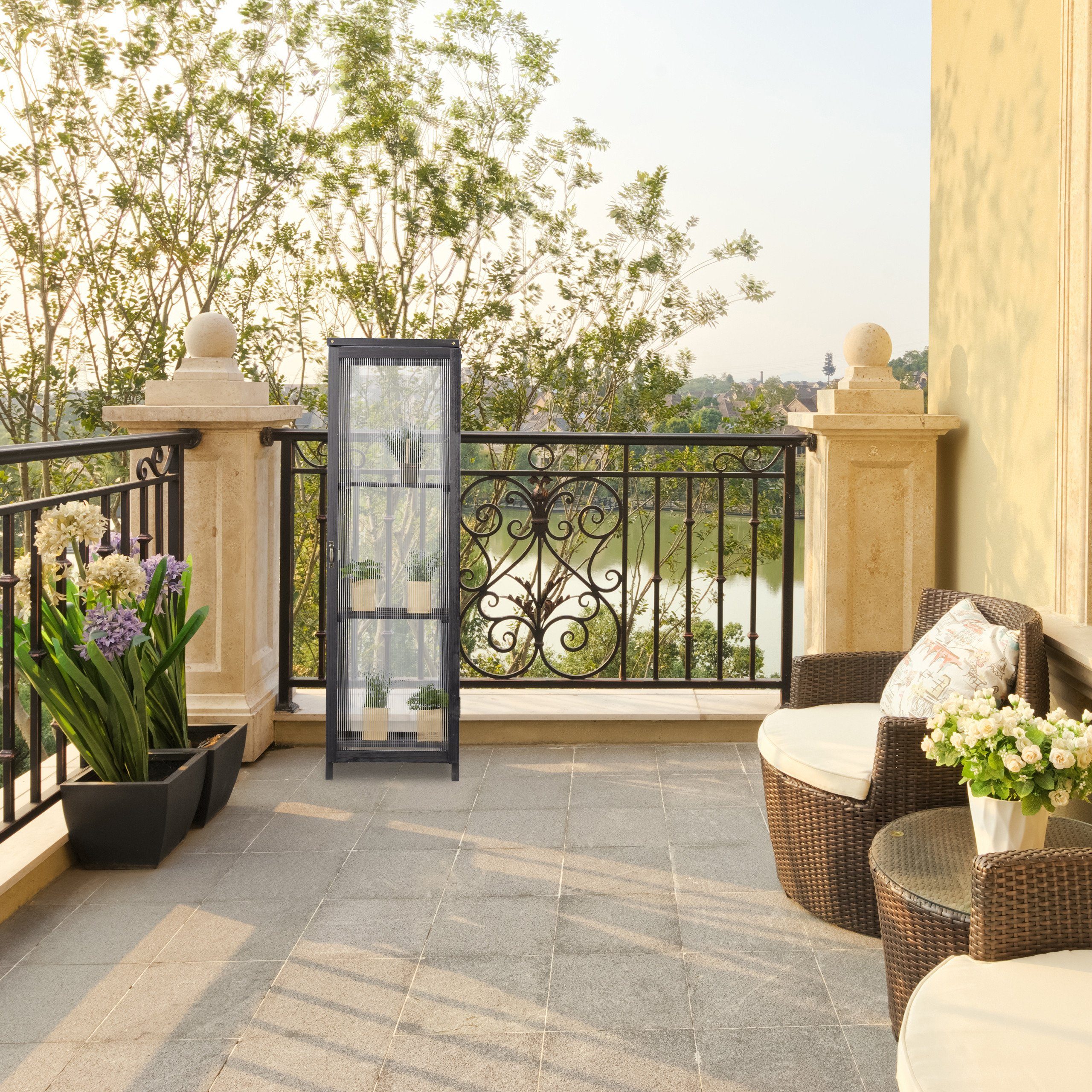 relaxdays Gewächshaus Holz Gewächshaus Balkon 3 Ablagen