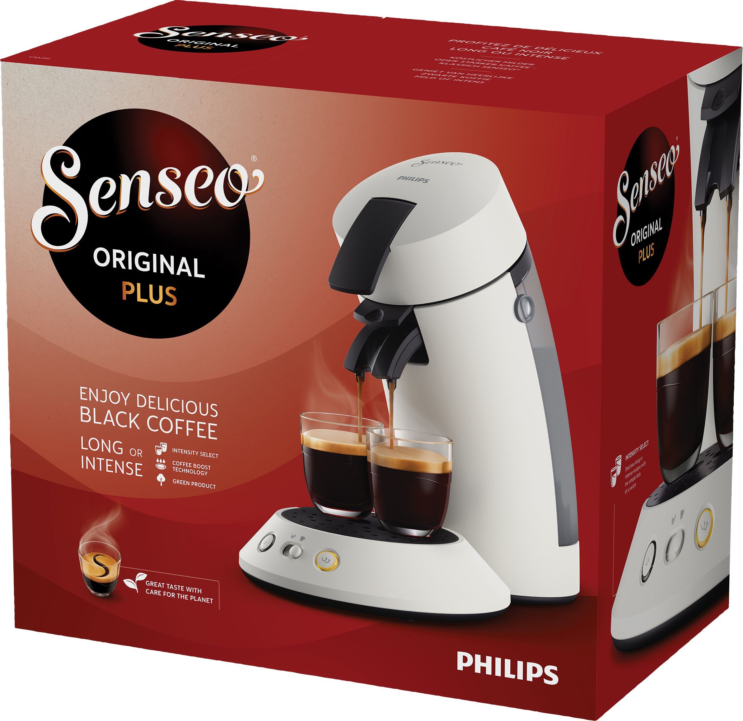 Philips Senseo Kaffeepadmaschine Original Plus CSA210/10, aus 80% recyceltem Plastik, +3 Kaffeespezialitäten, Memo-Funktion, Gratis-Zugaben (Wert €5,-UVP)