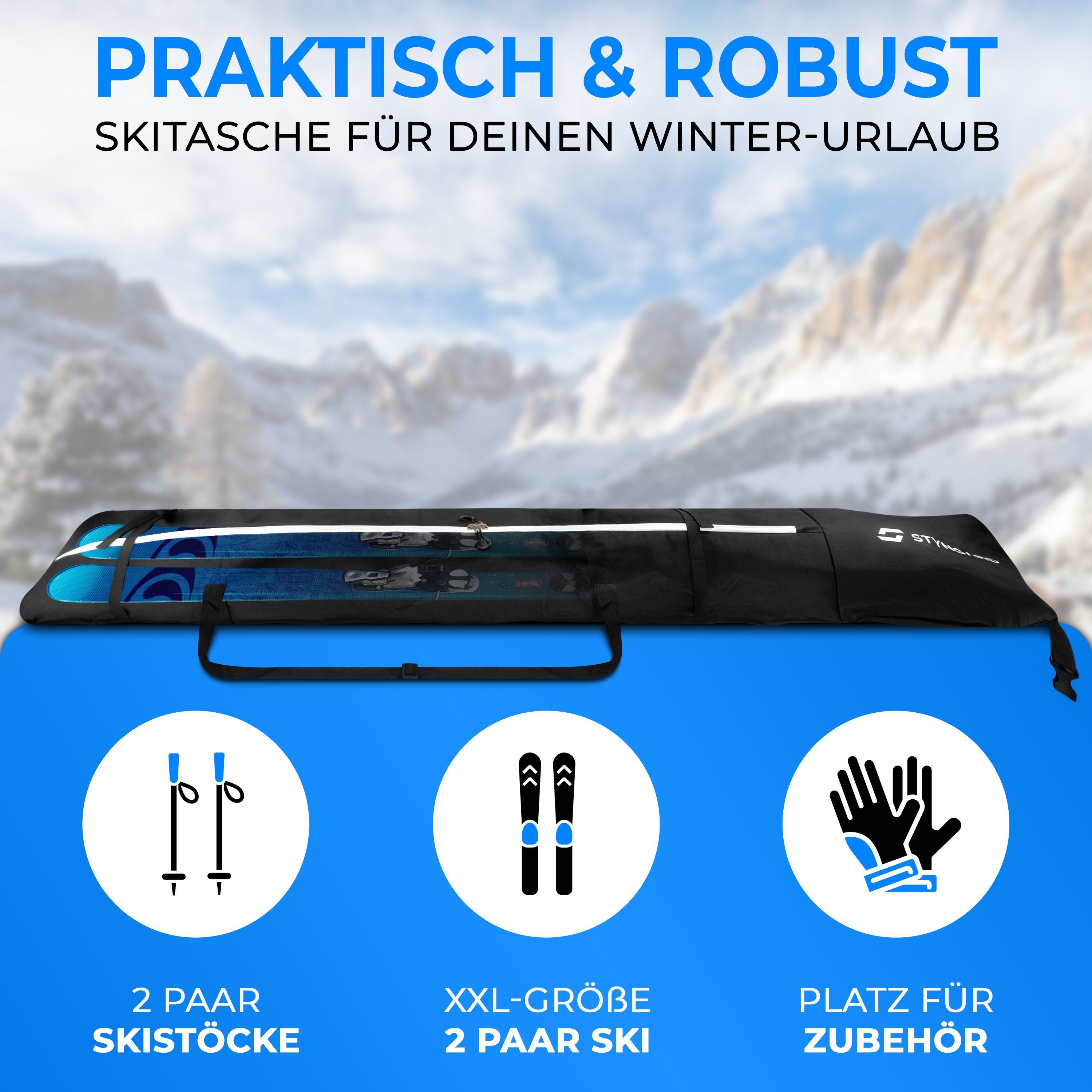 Styngard Skitasche KITZBÜHEL, 2 Paar Ski mit Rolltop [XXL - für 2 x 140 cm bis 200 cm]