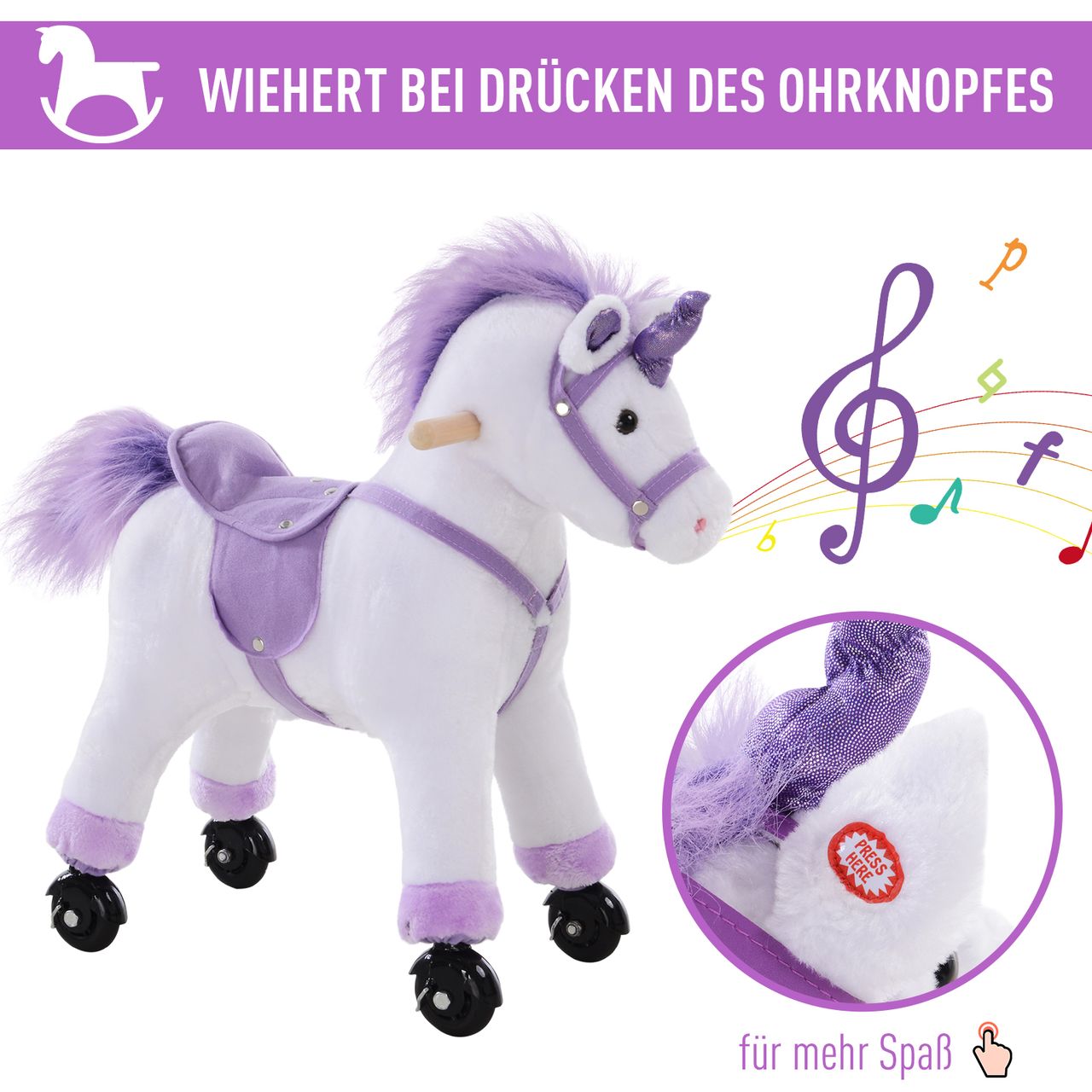 HOMCOM Reitpferd auf Rollen Spielpferd Reittier Fortbewegung Wiehern Plüsch Lila 55 x 23 x 60 cm
