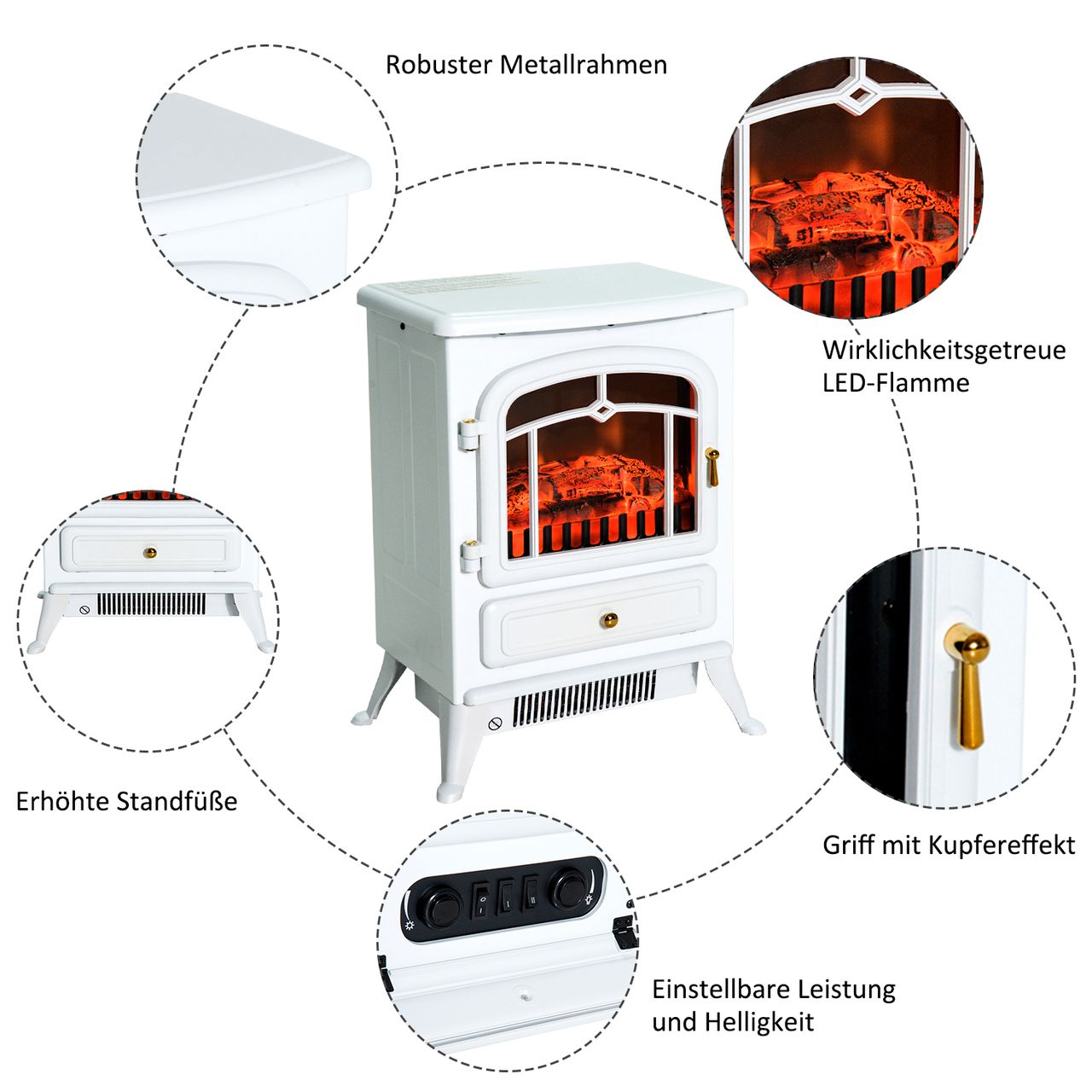 HOMCOM Elektrokamin Kaminofen Flammeneffekt 950/1850W Überhitzungs-Schutz Metall Weiß 41,5 x 28 x 54,8 cm