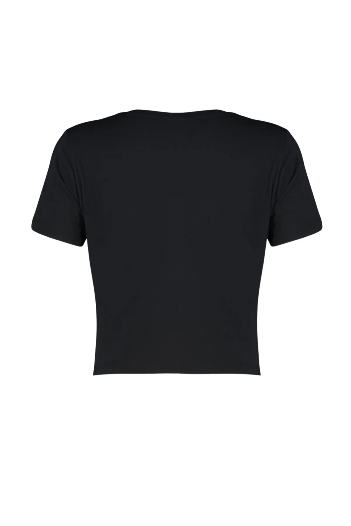 Trendyol Collection  Schwarzes, kurzes Strick-T-Shirt mit Rundhalsausschnitt und Slogan-Print aus 100 % Baumwolle TWOSS23TS00125