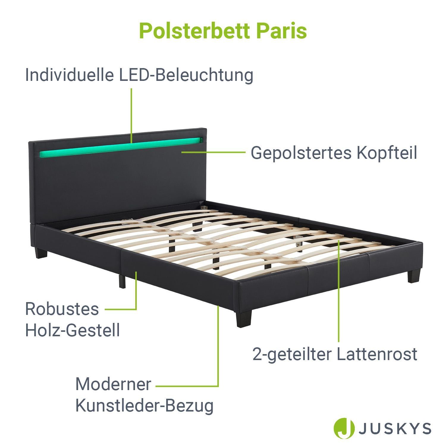 Juskys Polsterbett Paris, 140x200 cm, bunte LED-Beleuchtung, Kunstleder, weiches Kopfteil