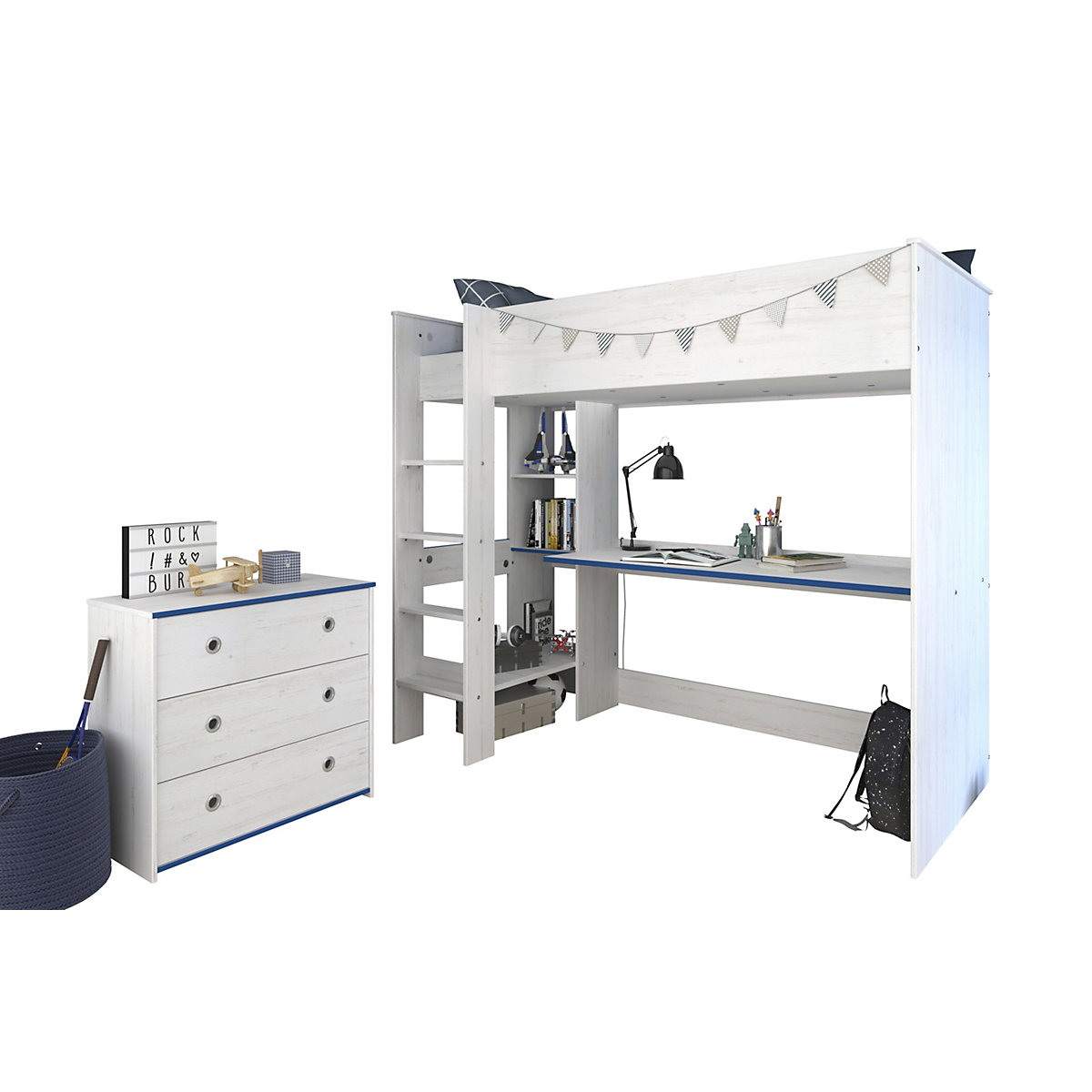 Hochbett extra hoch, mit Kommode, 