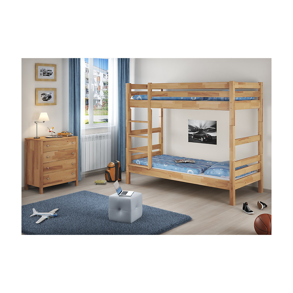 Stockbett 90x200 Buche natur massiv mit Federleisten