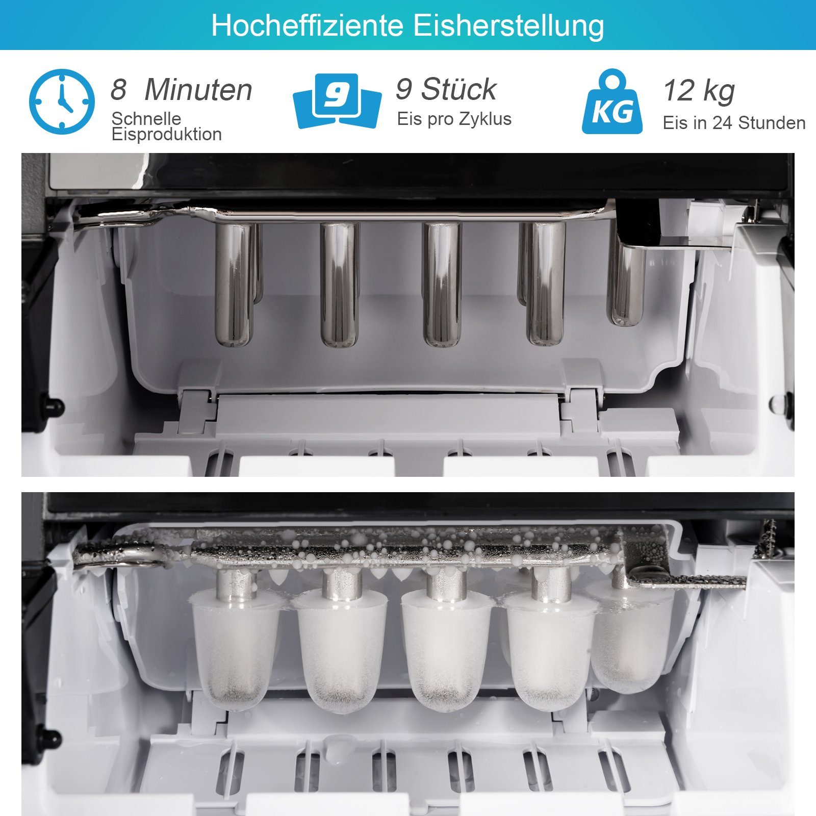COSTWAY Eiswürfelmaschine, 9 Eiswürfel in 8 min, 12kg in 24H, 1,85L Tank