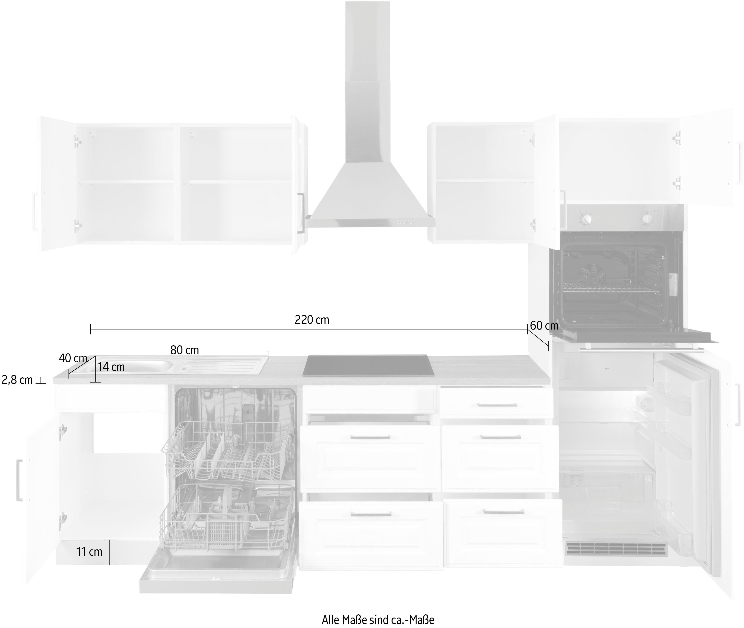 HELD MÖBEL Küchenzeile Stockholm, Breite 280 cm, mit hochwertigen MDF Fronten im Landhaus-Stil