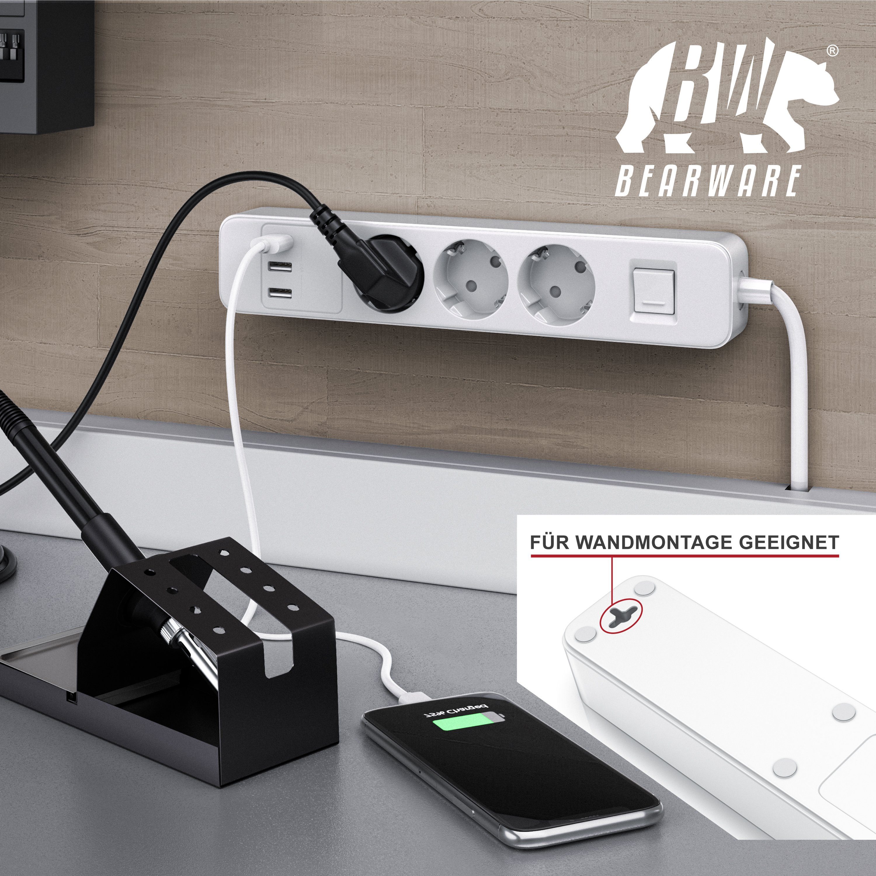 BEARWARE Steckdosenleiste 3-fach (Ein- / Ausschalter, USB-Anschlüsse, Kindersicherung, Schutzkontaktstecker, Überspannungsschutz, Kabellänge 1,50 m), Steckdosenleiste