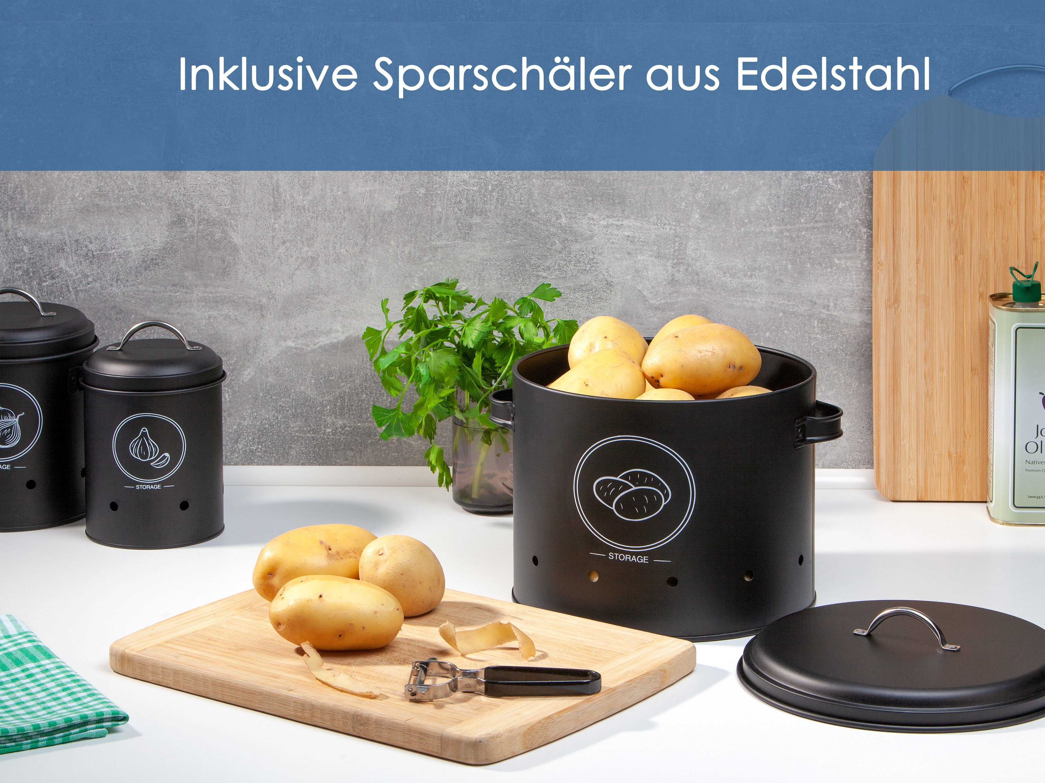 Hanseküche Vorratsdose Vorratsbehälter Set mit Sparschäler, Edelstahl, (3er Set, 3-tlg., Behälter groß, mittel und klein), inkl. Universal Sparschäler