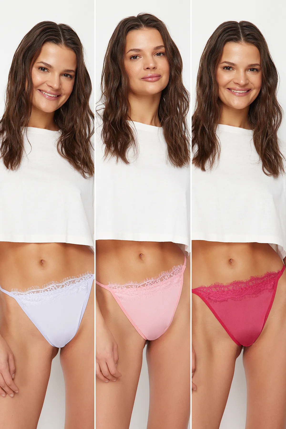 Trendyol Collection  Rosa-mehrfarbiger Strick-Tanga mit Mikrospitze THMSS24KU00012