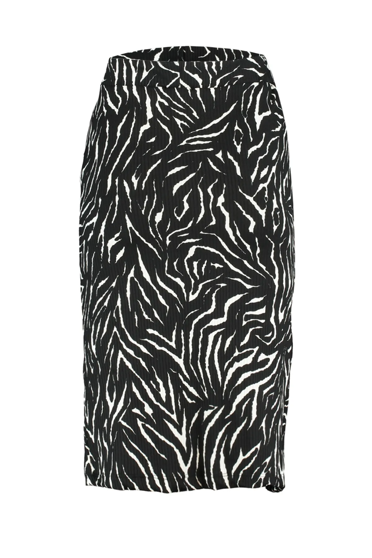 Trendyol Collection  Schwarz bedruckter, geraffter und geschlitzter taillierter/taillierter Mini-Strickrock mit hoher Taille TWOAW22ET0401