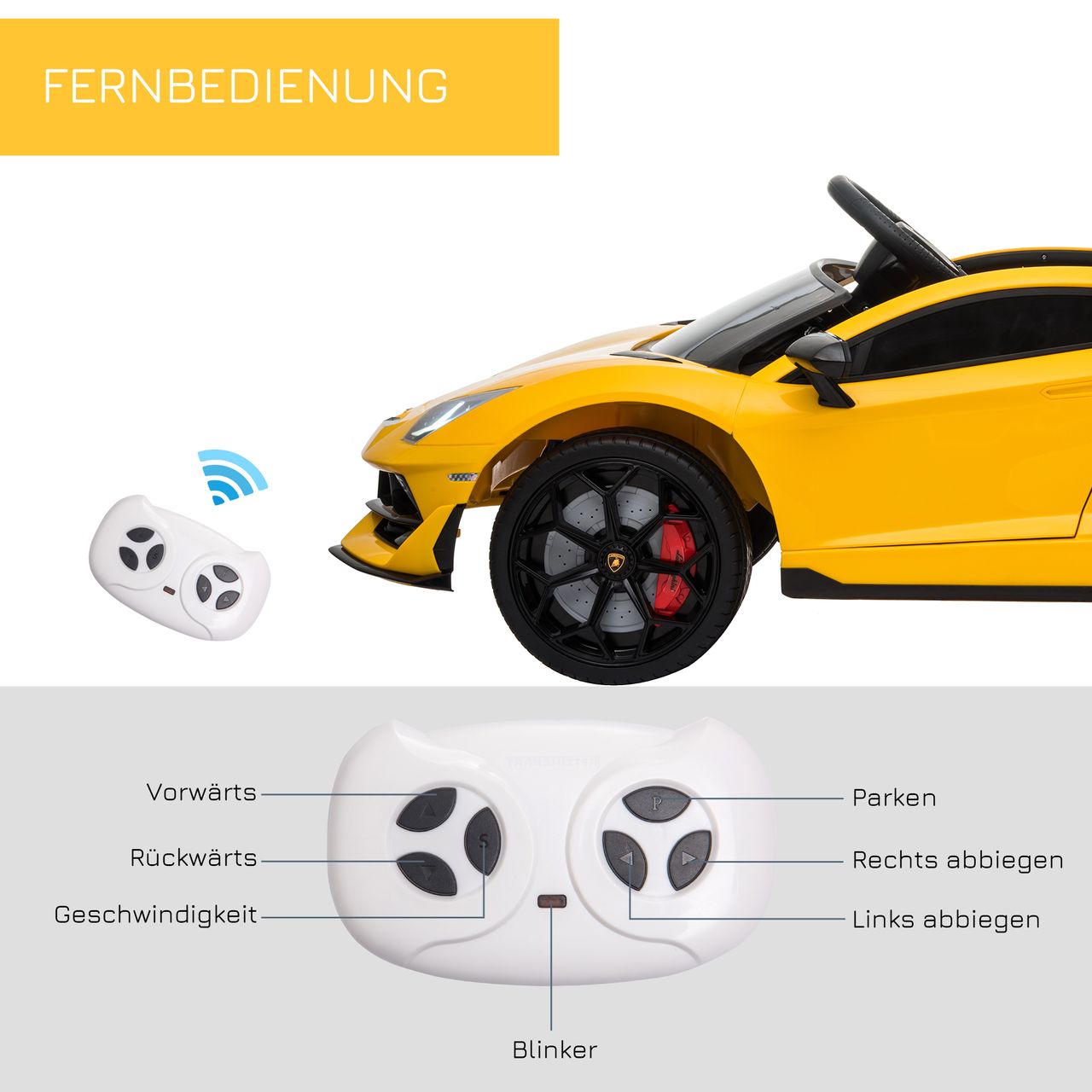 HOMCOM Kinderauto Lamborghini SVJ Elektroauto für 3-8 Jahre mit MP3 Gelb