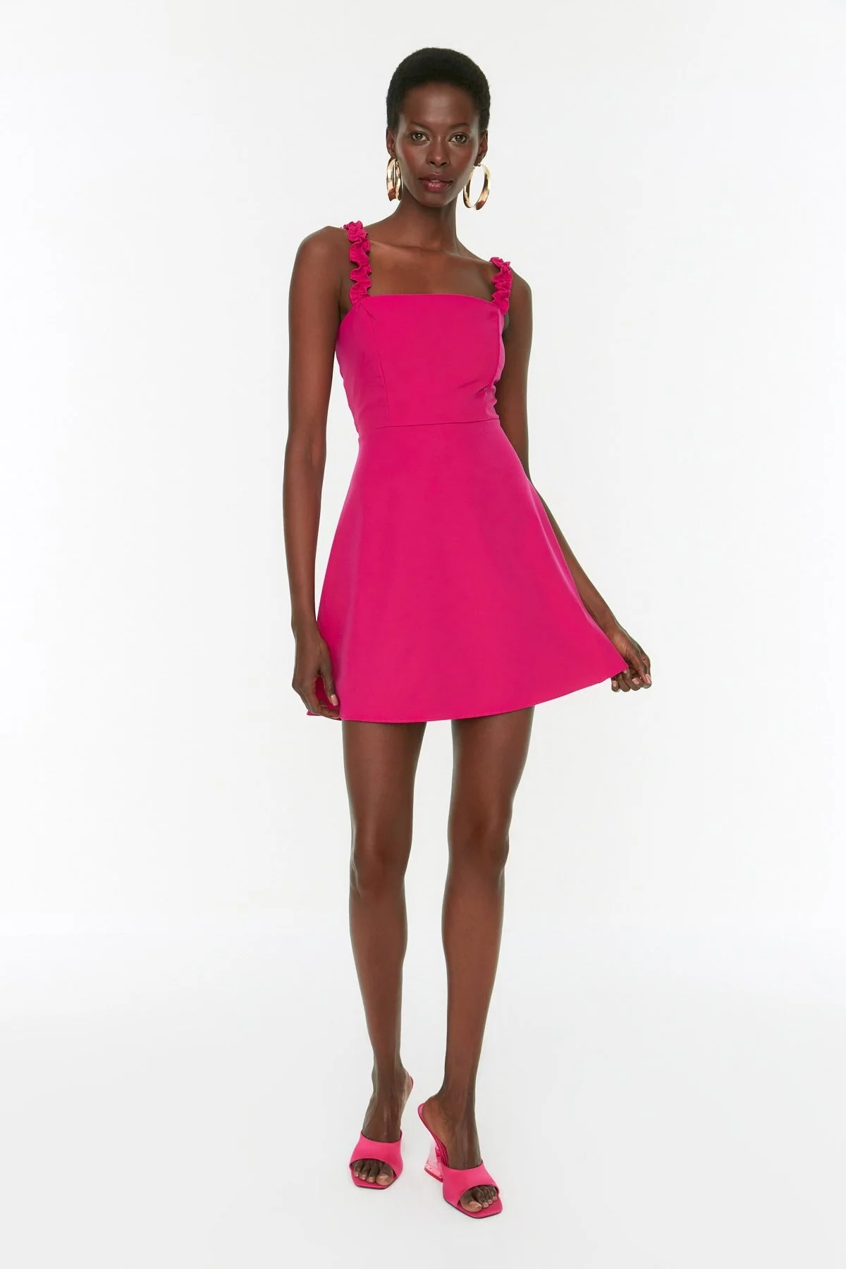 Trendyol Collection  Fuchsiafarbenes A-Linien-Minikleid mit quadratischem Kragen und Riemen und detailliertem Webmuster TWOSS22EL2175