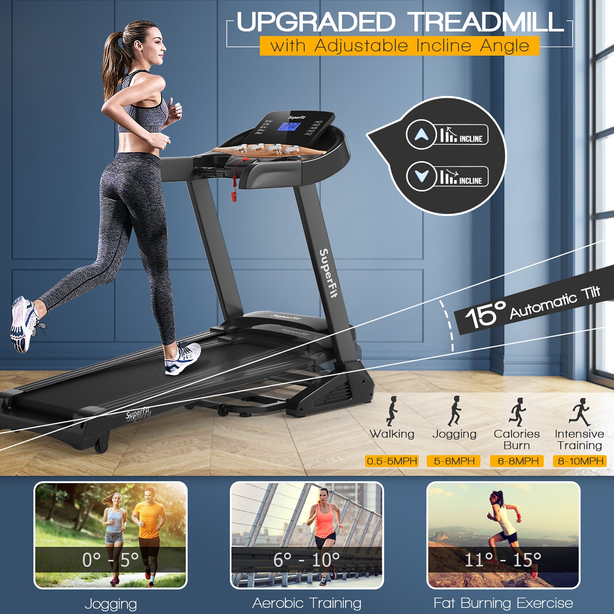 Superfit 3.75HP Electric Folding Treadmill W/Auto Incline 12 Program - See details