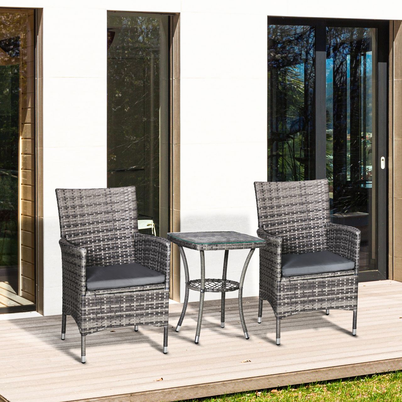 Outsunny Gartensitzgruppe mit Beistelltisch, Bistroset, 3-tlg. Rattan Gartenset Sitzgarnitur mit Sitzkissen Polyrattan   Stahl Dunkelgrau 60 x 58,5 x 89,5 cm