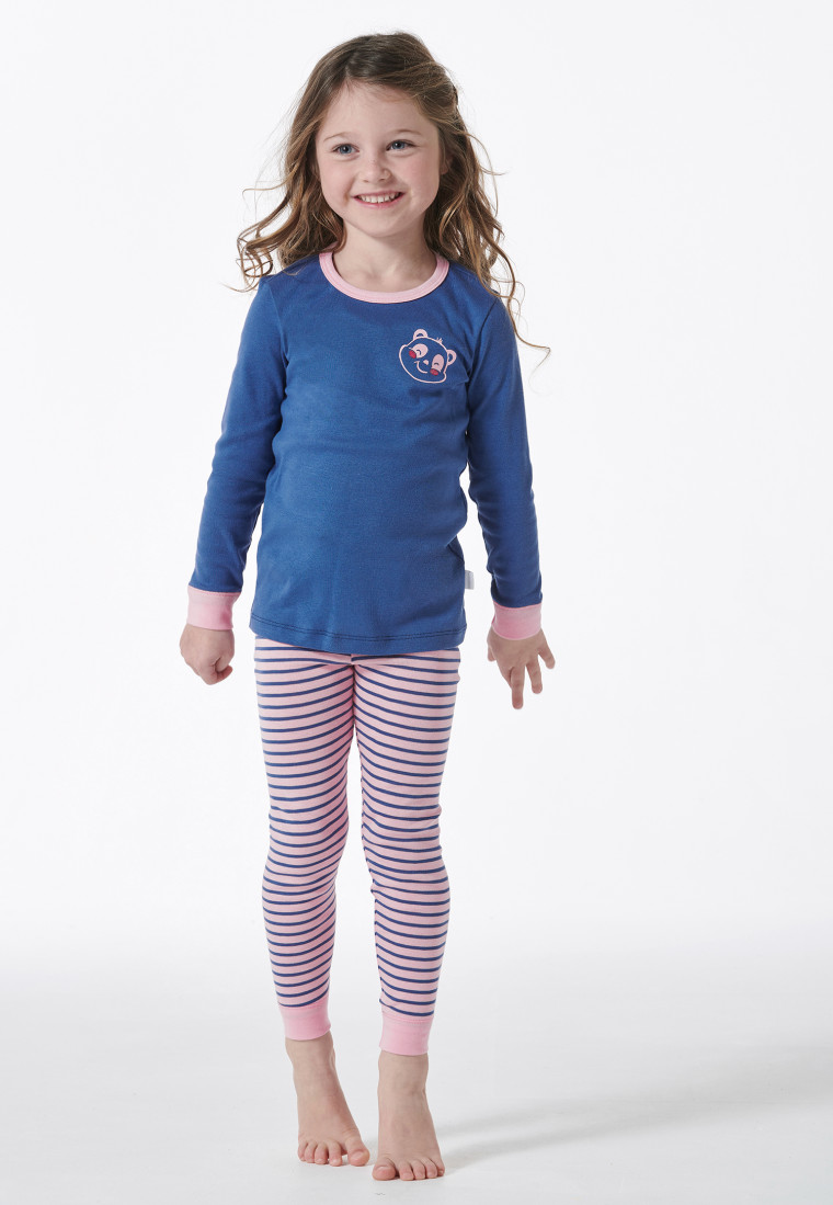 Schlafanzug lang Feinripp Panda Ringel blau - Girls World