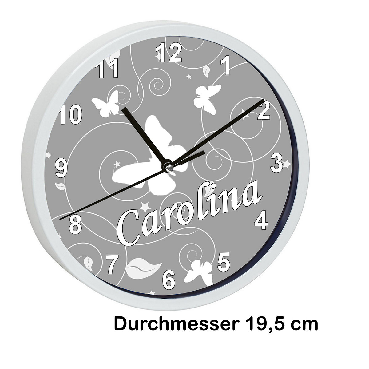 Kinder Wanduhr laufruhig personalisiert mit Name Schmetterling Ornamente grau
