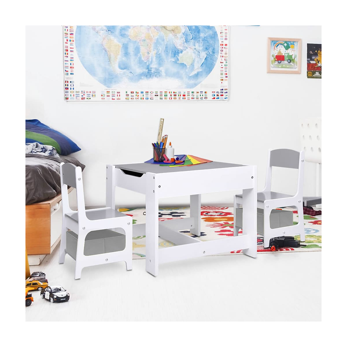 Kindertisch mit 2 Stühlen Weiß MDF Kindermöbelset