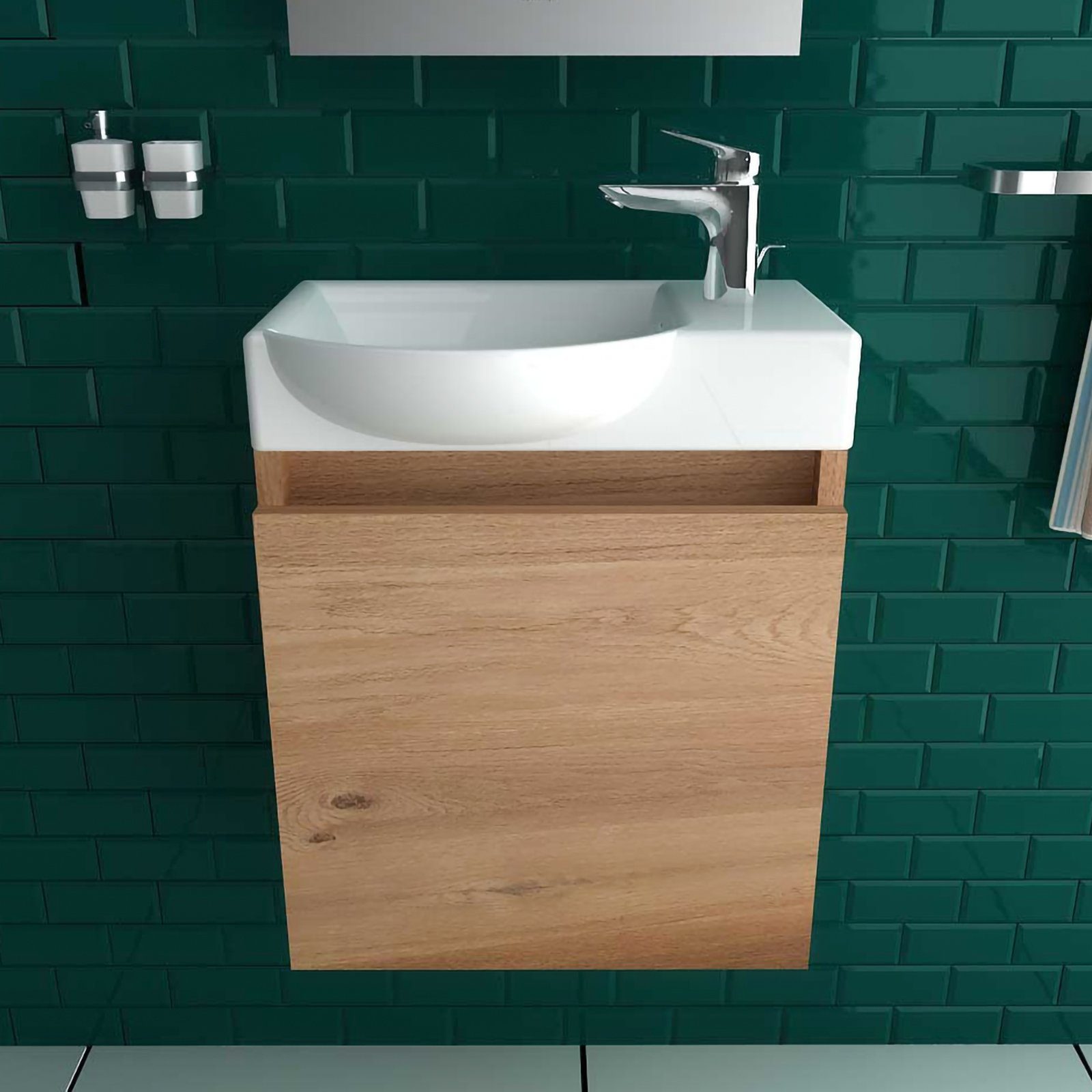 Alpenberger Waschbecken Gäste WC Waschbecken mit Unterschrank - Hängeschrank Vormontiert (Waschbecken Komplett Set, Badmöbel+Set - Bad Unterschrank), Waschtisch mit Unterschrank Braun - Gäste Waschbecken