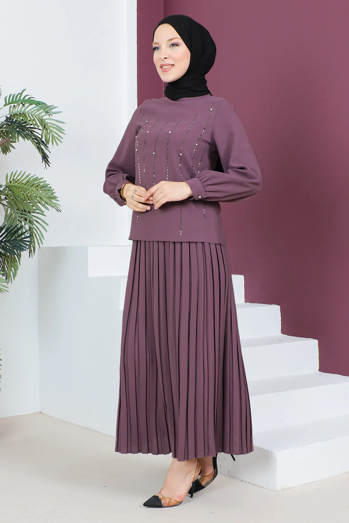 Tesettür Dünyası  Stone Detaillierter Rockanzug Tsd230525 Dusty Rose
