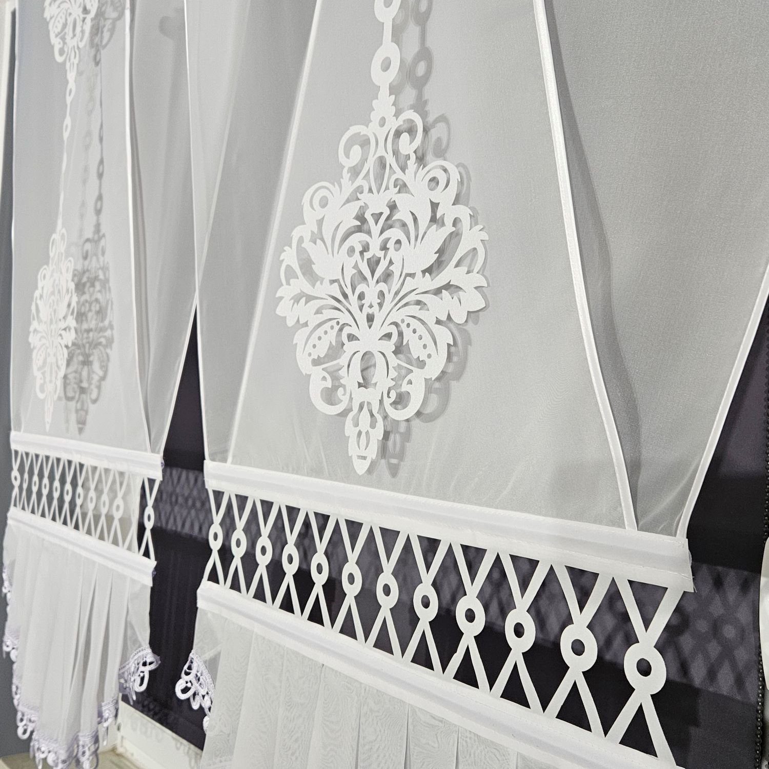 Schiebegardine 2er V Panel Set mit Gipüre, Gardinen by Justyna, Kräuselband, transparent, Scheibegardinen, Fertiggardine, Paneele, Modern, Fensterdeko
