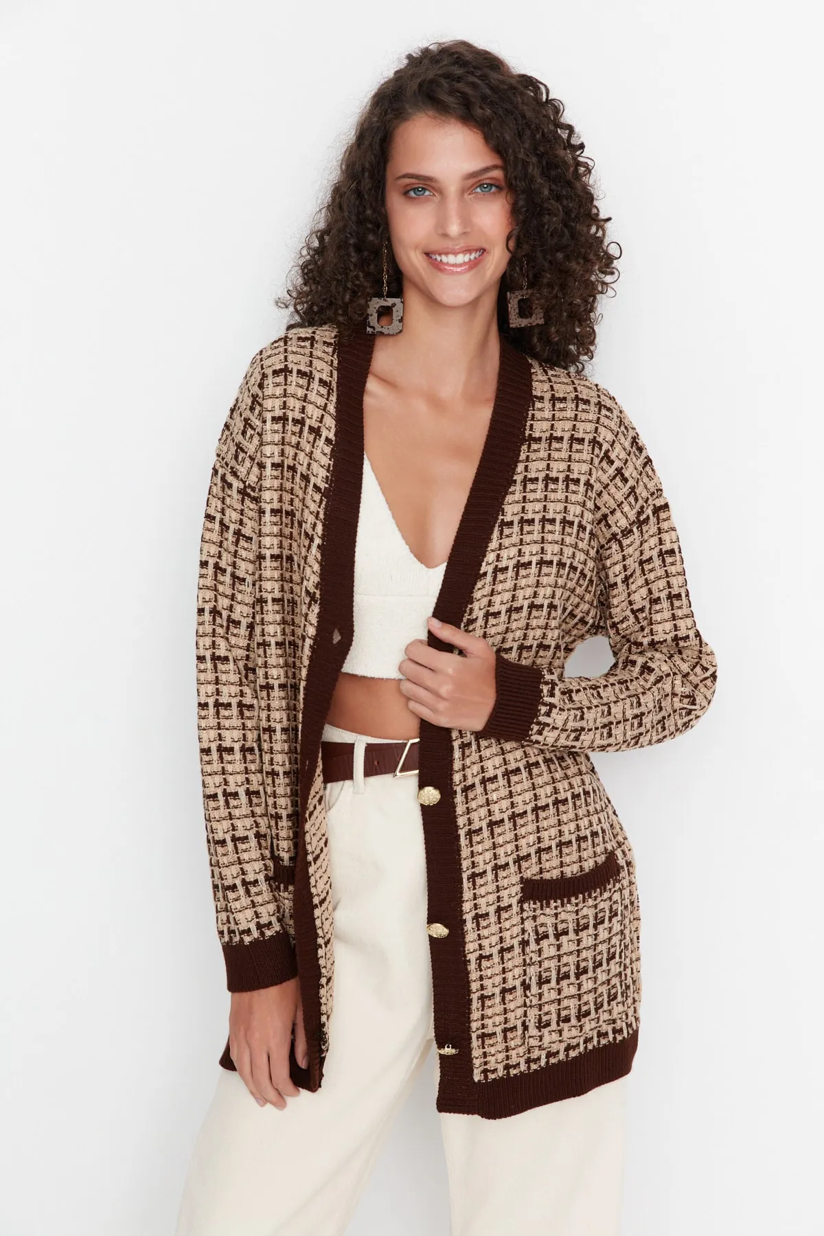 Trendyol Collection  Braune, weite Strickjacke in Tweed-Optik mit Glitzer TWOAW21HI0250