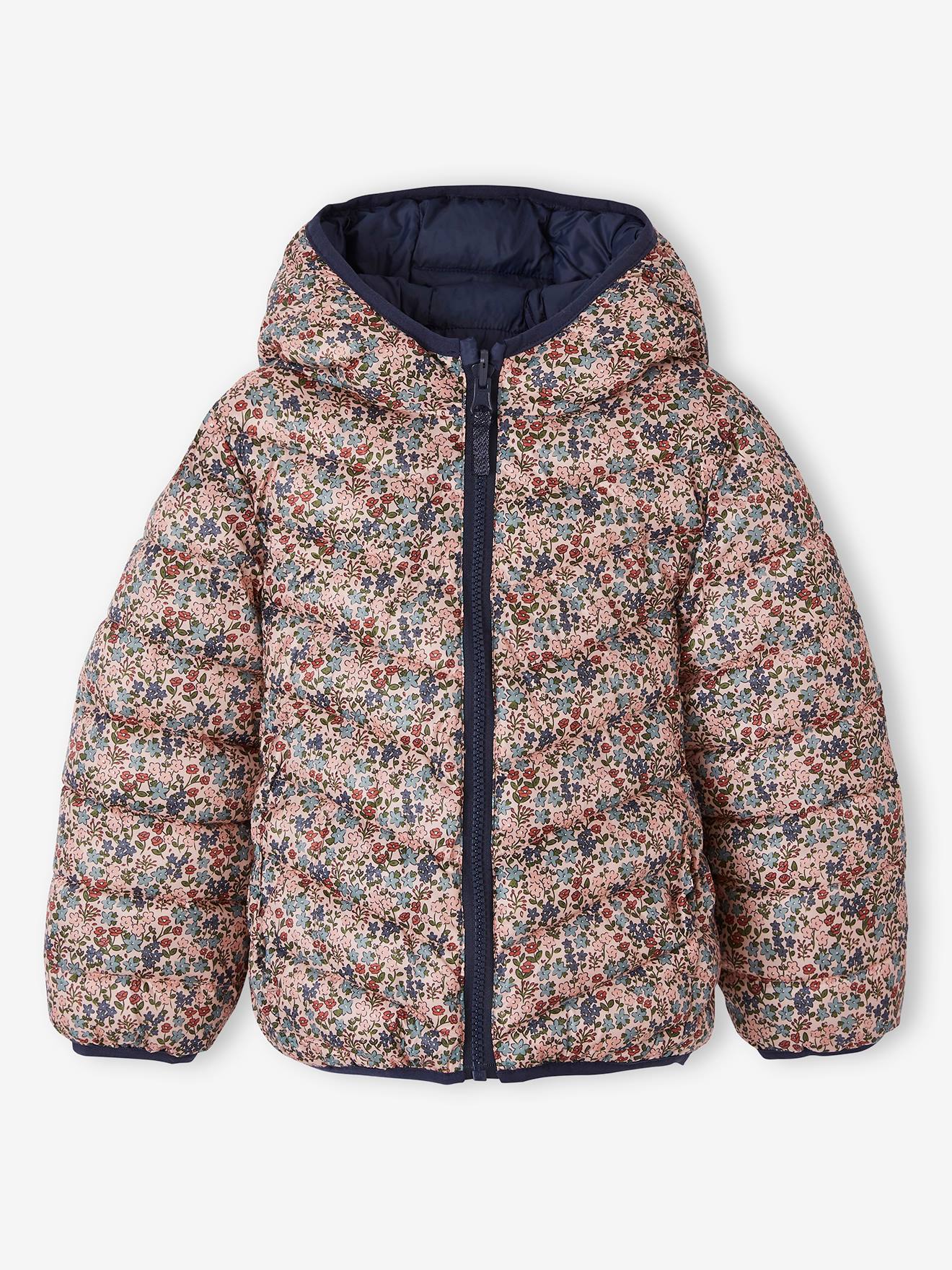 Doudoune à capuche légère réversible fille anthracite imprimé