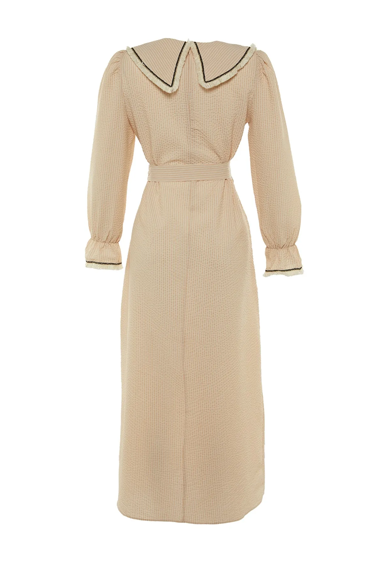 Trendyol Modest  Beiges gestreiftes Babykleid aus gewebter Baumwolle mit Kragen und Gürtel TCTSS22EB0014