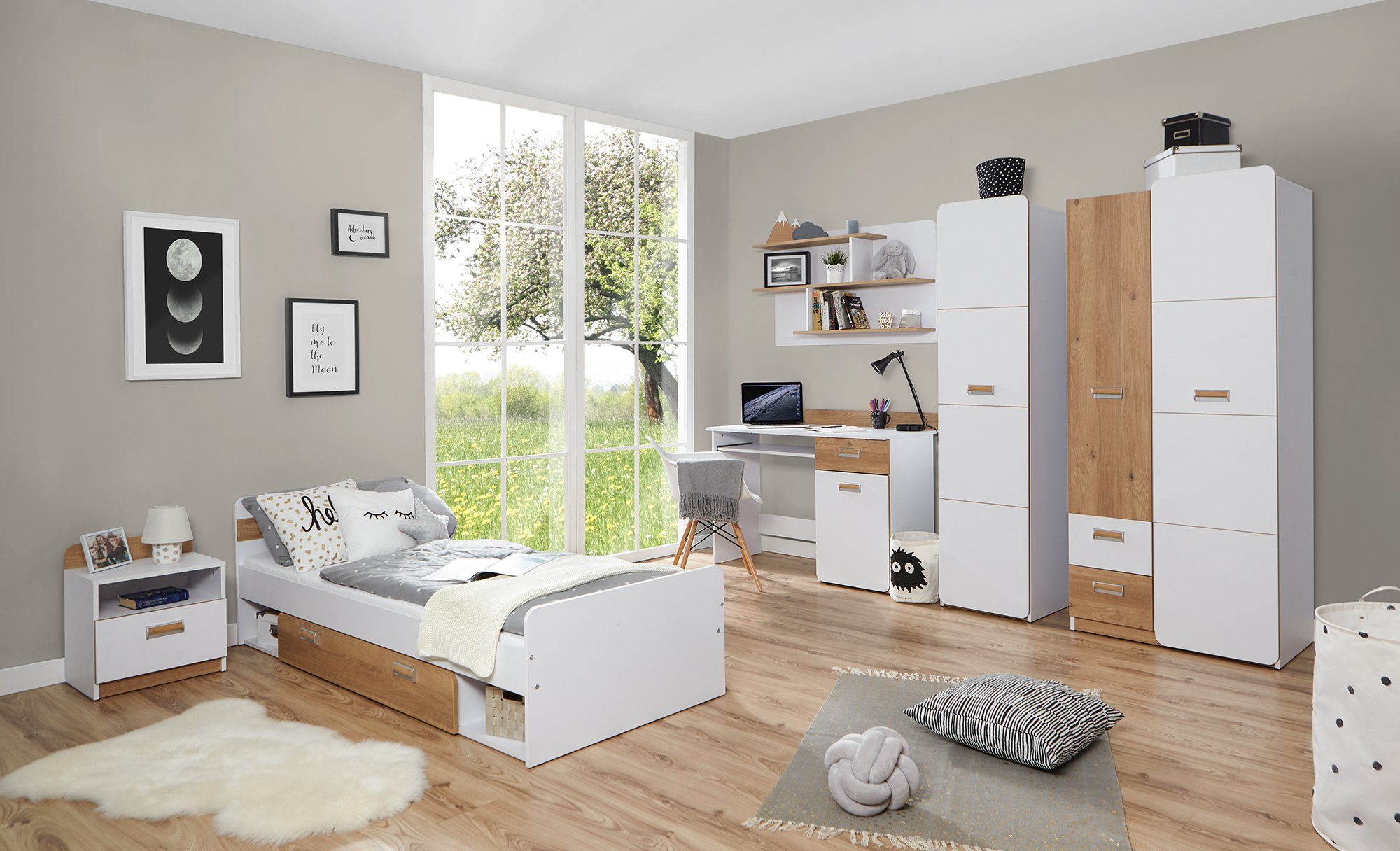 Ticaa Jugendzimmer-Set Lori, (Set, 6-St., Bett, Schrank, Schreibtisch, Standregal, Wandregal, Nachttisch), Bett + Schrank + Schreibtisch + Standregal + Wandregal + Nachttisch