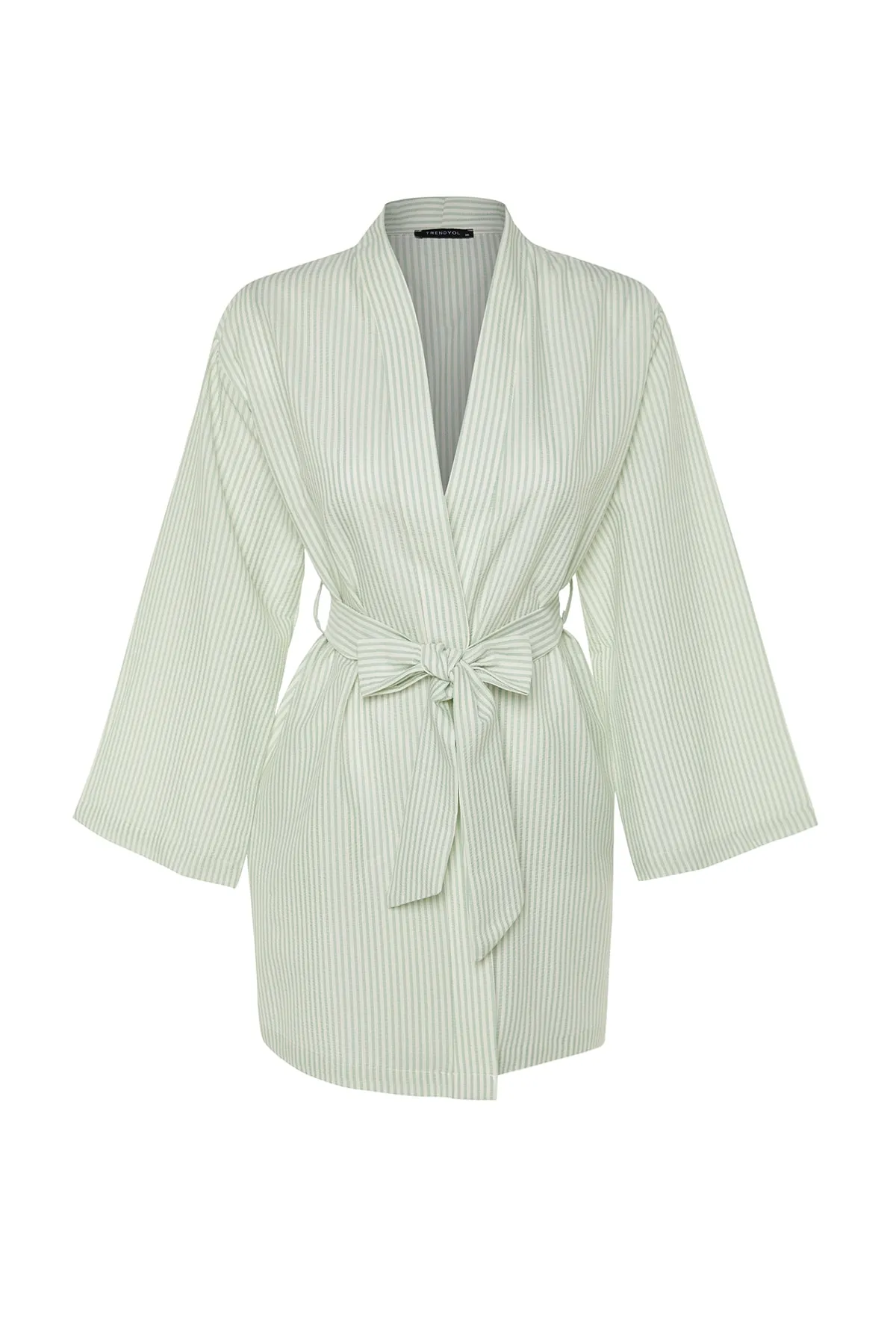 Trendyol Modest  Mintfarbener, gewebter, gestreifter Seersucker-Kimono und -Kaftan mit Gürtel TCTSS23KK00001