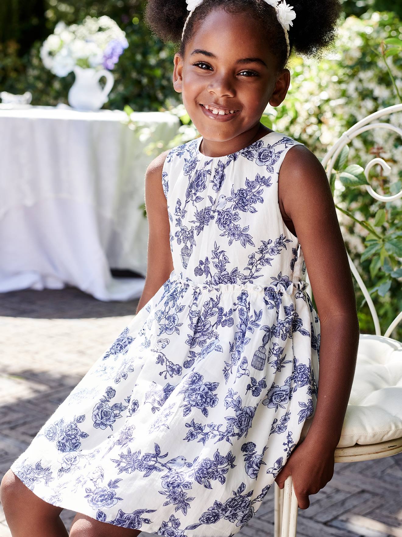 Vertbaudet Mädchen Festkleid, Blumen und Schleife hinten - wollweiß