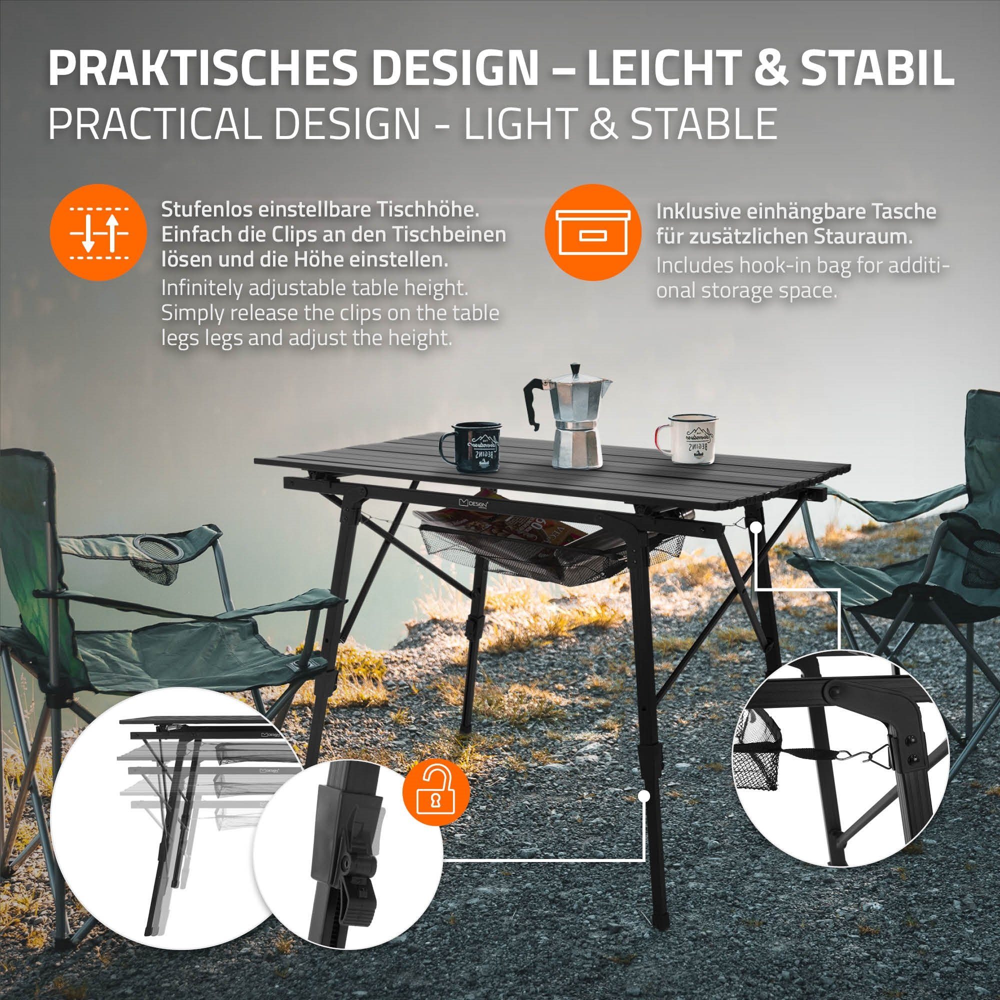 ML-DESIGN Klapptisch Campingtisch Aufrollbare Tischplatte Falttisch Gartentisch Balkontisch, Schwarz 90x51,5cm Aluminium höhenverstellbar 46-66,5cm bis 30kg