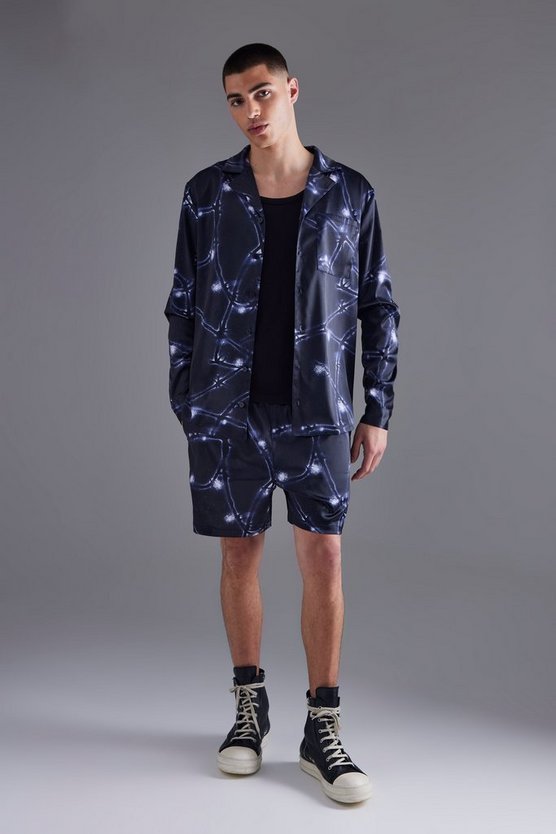 Langärmligs Satin Shorts-Set mit Print