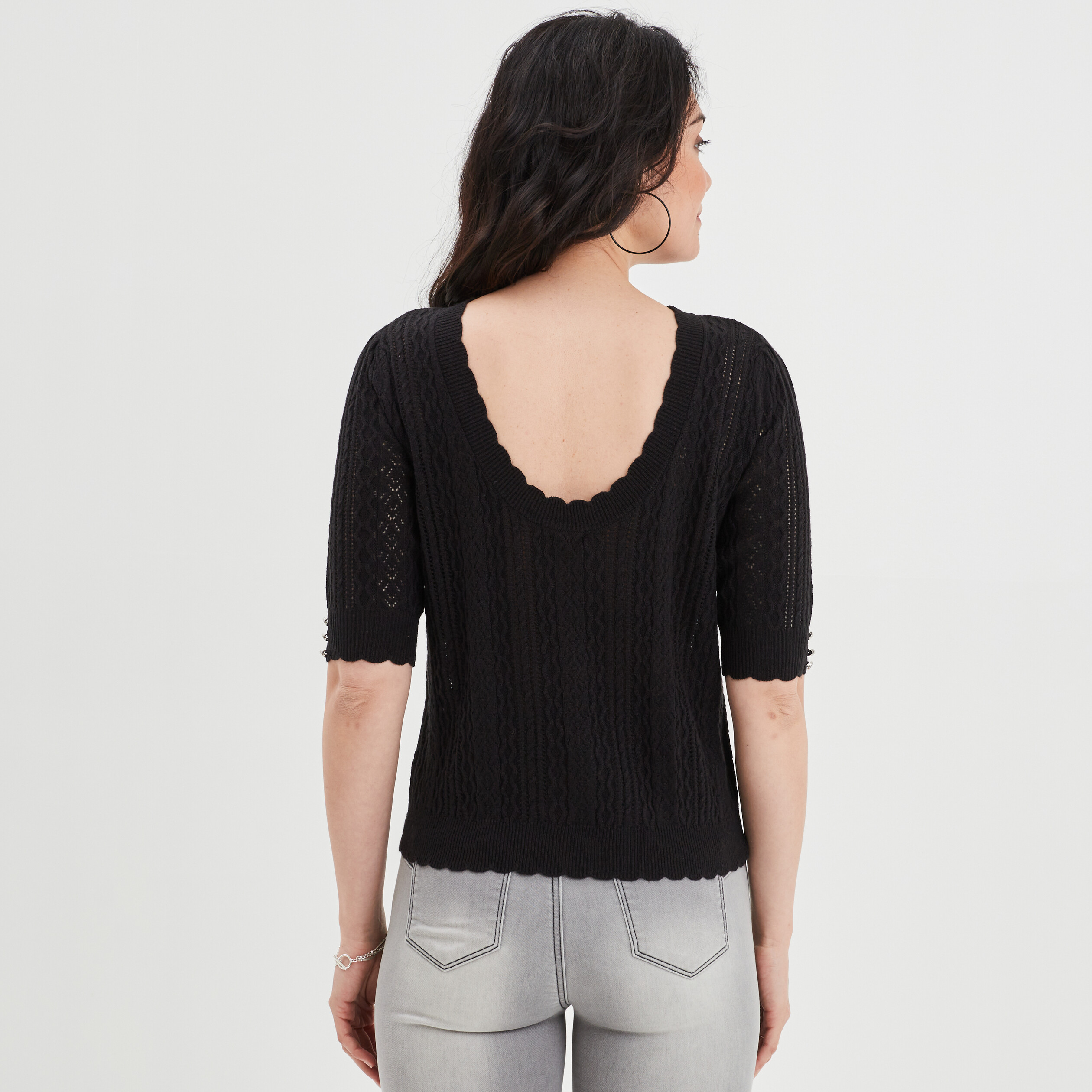 Pull dos ouvert ajouré manches 3 4 noir femme | La Halle