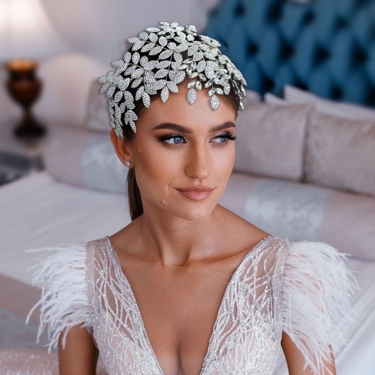 HOHEA H Haarband Kristall-Stirnband, Hochzeits-Haarschmuck, Braut-Haarschmuck, 1-tlg., Silberner Haarschmuck, Brauthaarnadeln, Kristallkrone, Silberne Kristall-Haarranke mit Blumenblatt-Haarschmuck