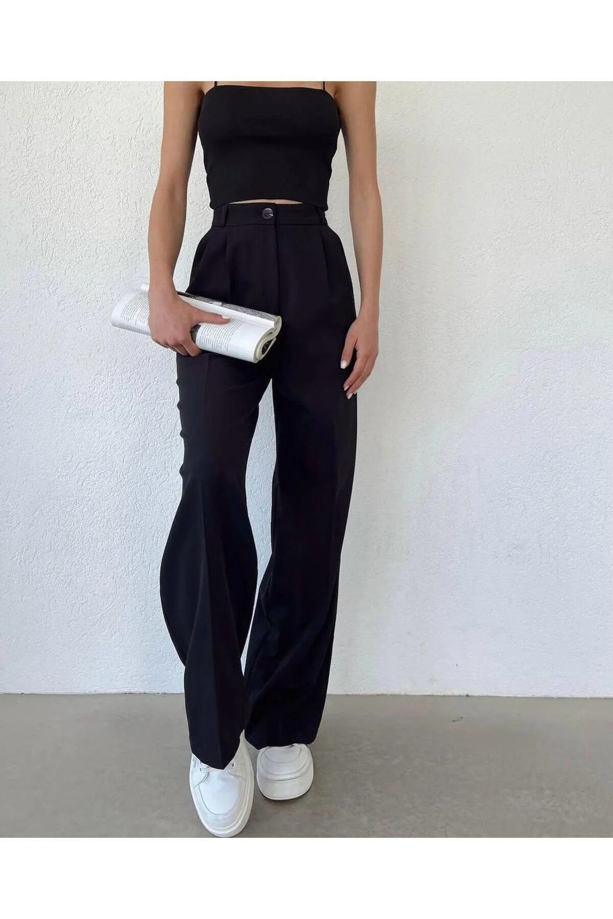 modazoom  Schwarze Palazzo-Hose mit hoher Taille und Falten für Damen