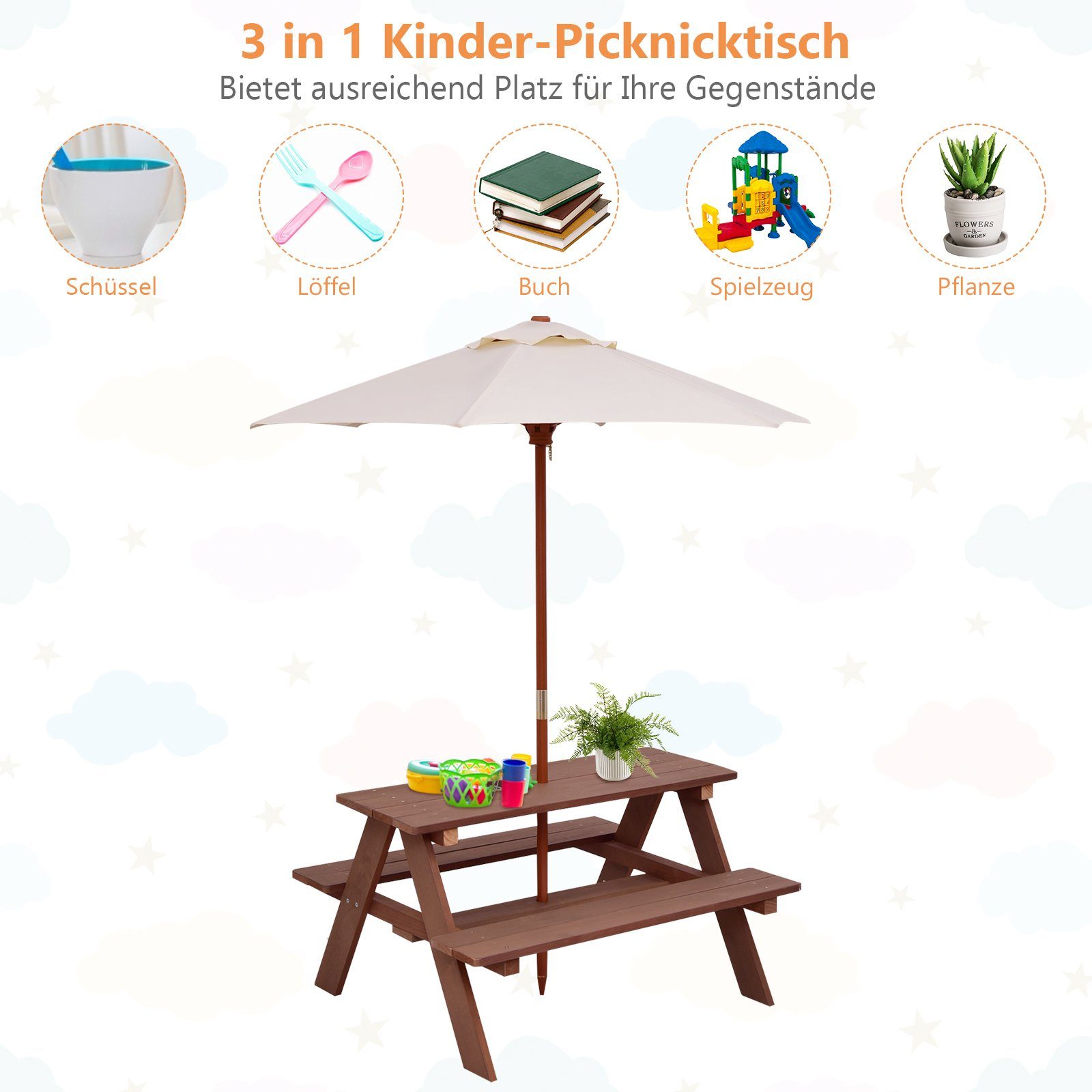 COSTWAY Garten-Kindersitzgruppe, mit abnehmbarem Sonnenschirm, 4 Sitze