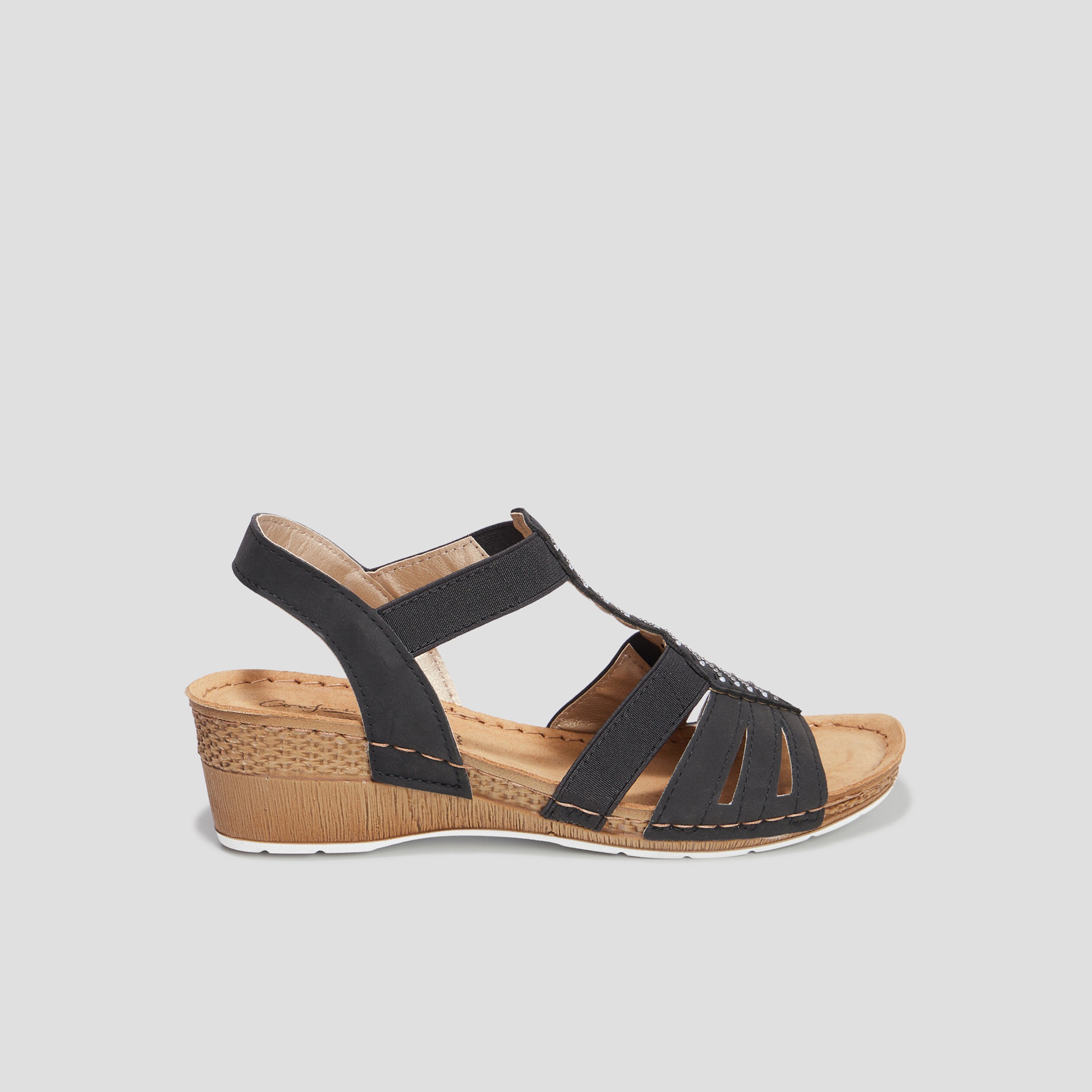 Sandales compensées cuir Confortissimo noir femme | La Halle