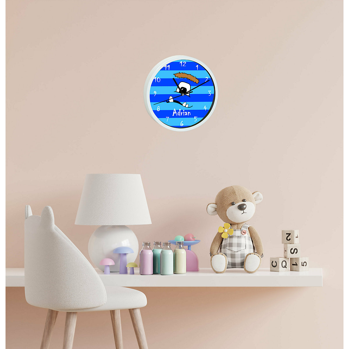 Kinder Wanduhr personalisiert mit Name Monster Streifen blau