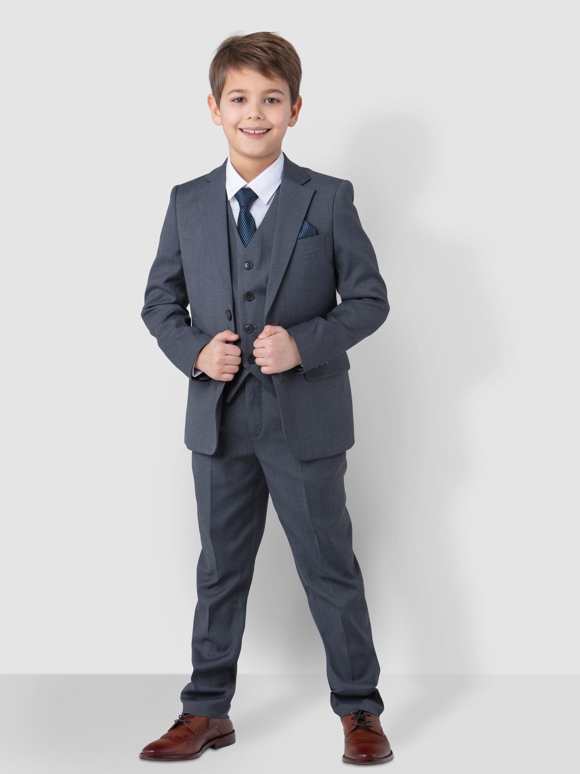 Melli-Trends Kinderanzug Luxuriöser Jungen Anzug Kommunionanzug 6-teilig, in Grau (Sakko, Weste, Hemd, Hose, Krawatte und Einstecktuch) festlich, elegant