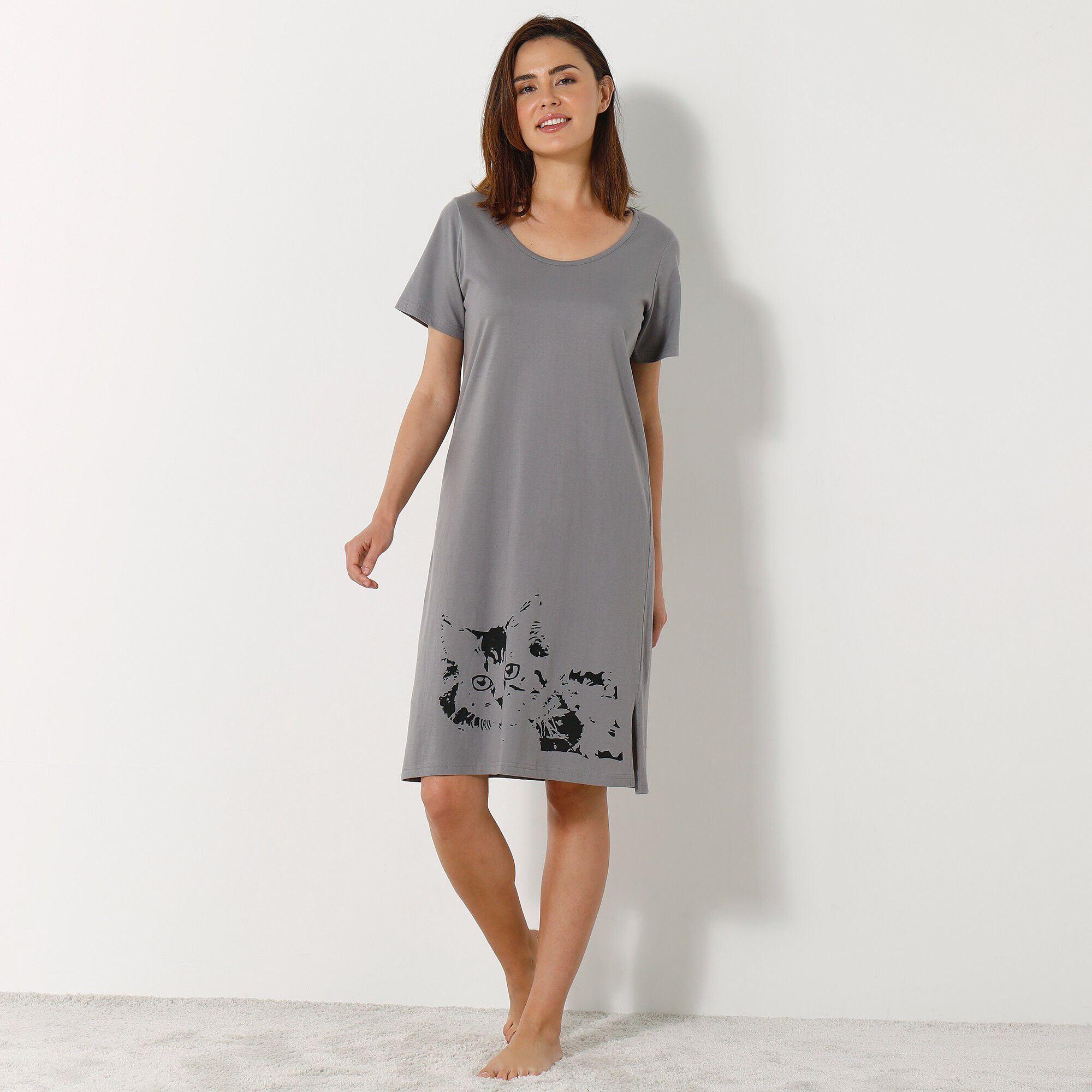 Chemise de nuit courte imprimé chat
