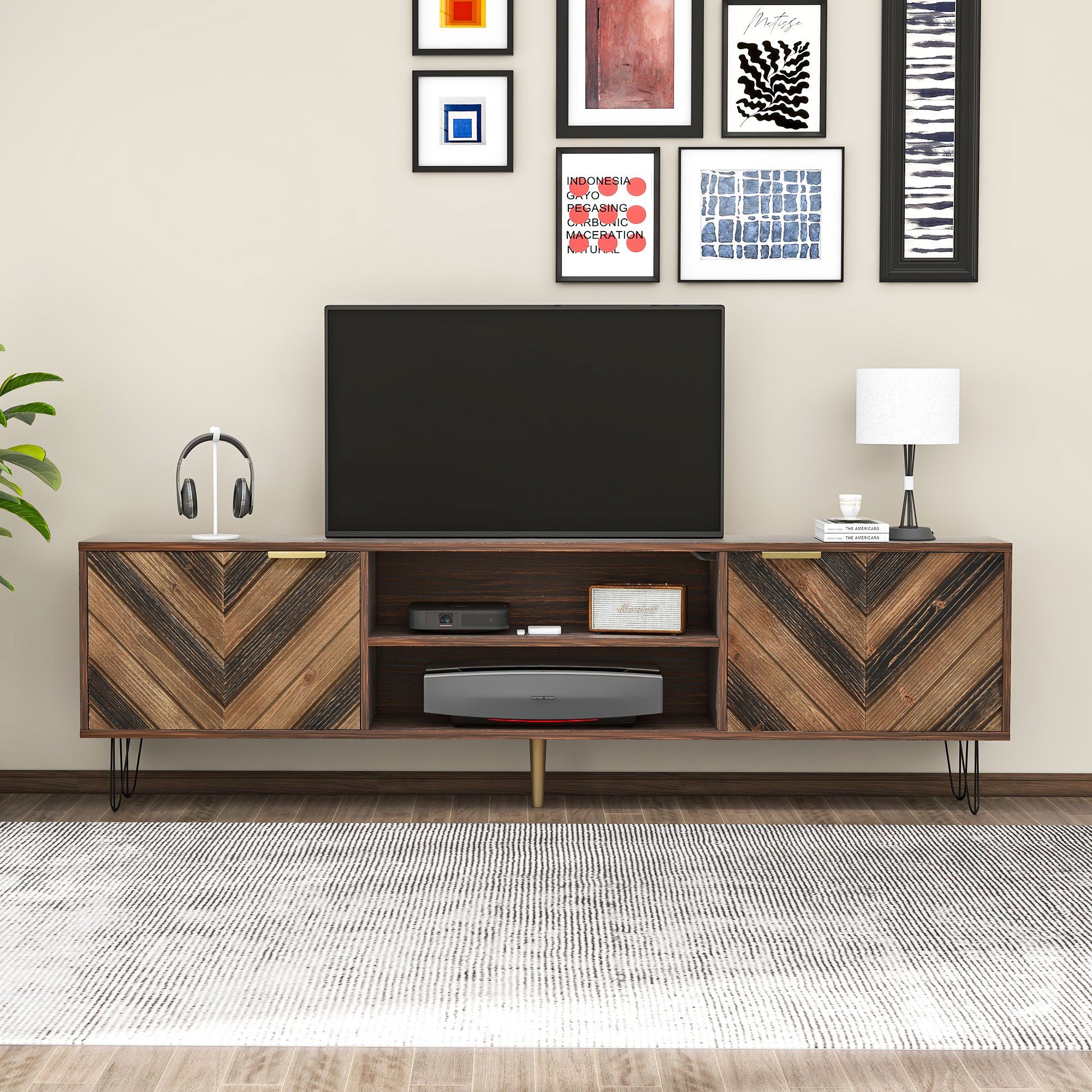 Merax Lowboard mit Fischgrätenmuster Dekor und Eisenfüße, TV-Schrank mit magnetischen Türen, Fernsehtisch, B/H/T: 160/48/38cm