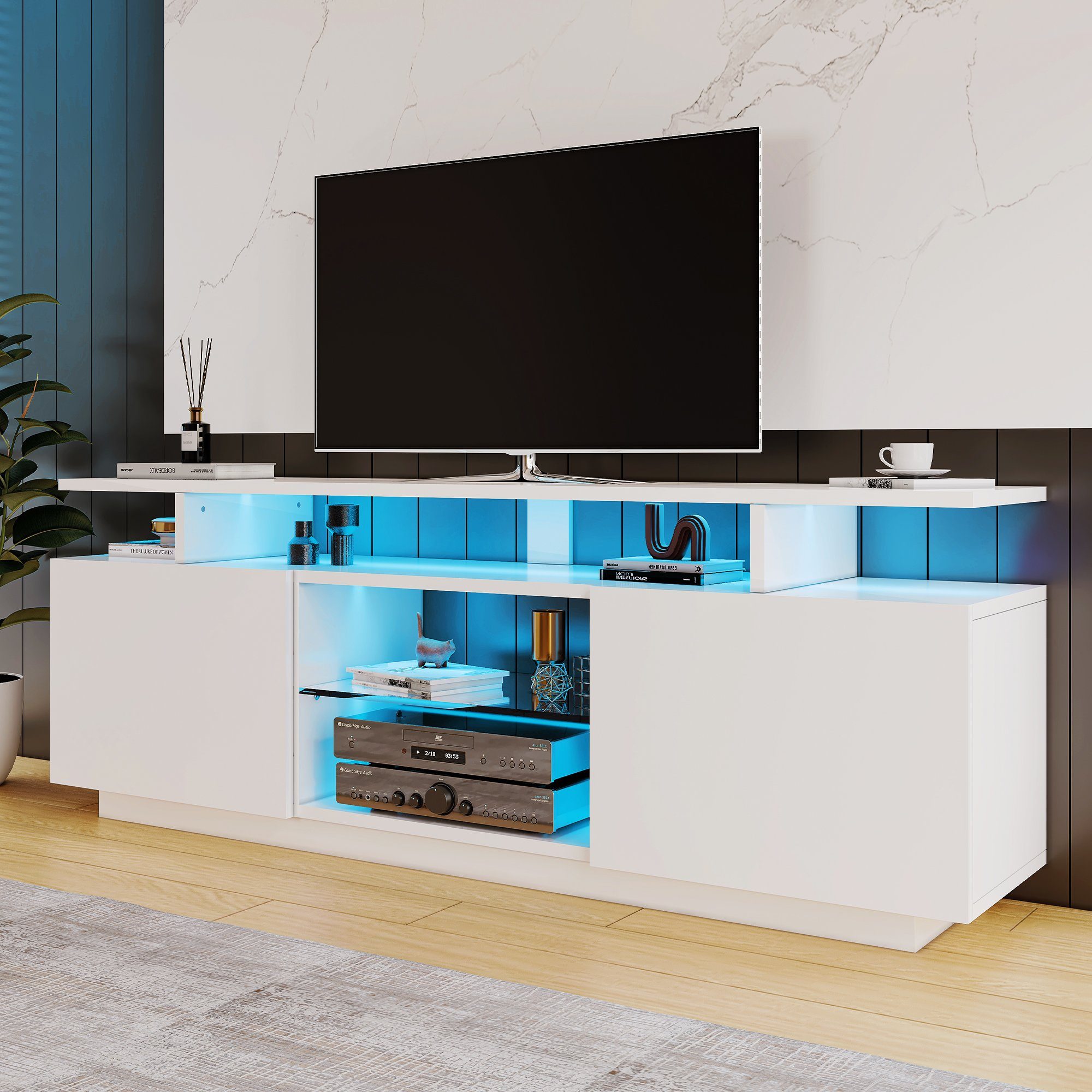 REDOM TV-Schrank Moderner weißer TV-Schrank (Hochglanz) mit 16-farbiger LED-Beleuchtung