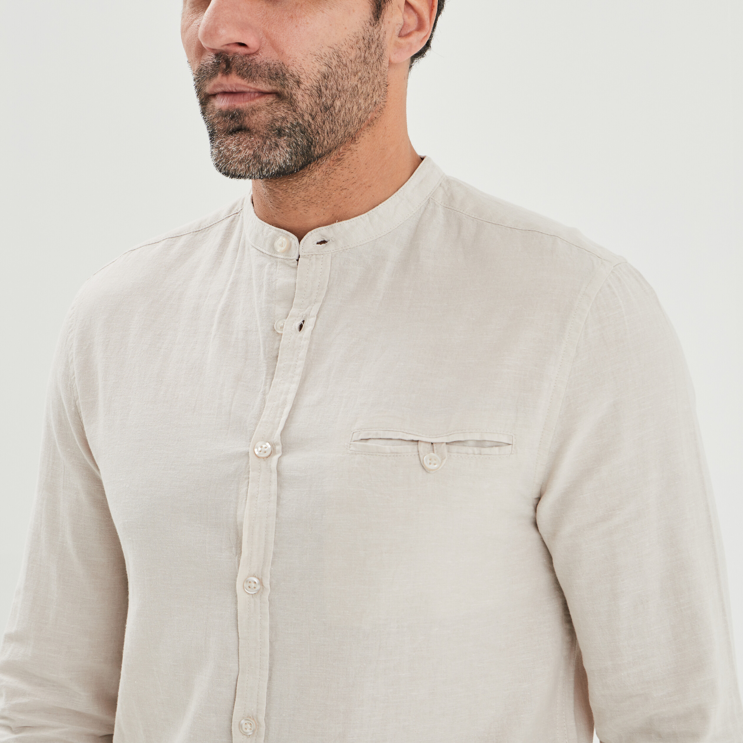 Chemise col mao lin majoritaire gris clair homme | La Halle