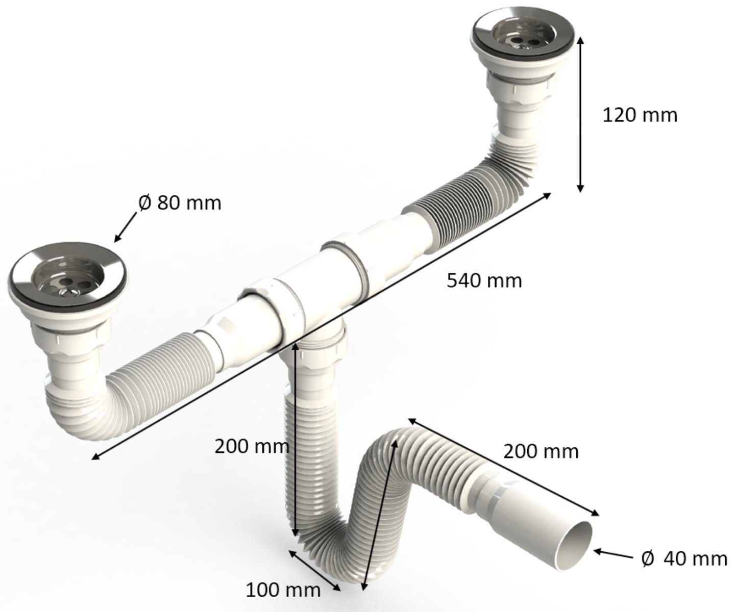 Uzman Siphon Doppelsiphon mit Flexiblem Schlauch, Doppelanschluss, Spülbecken