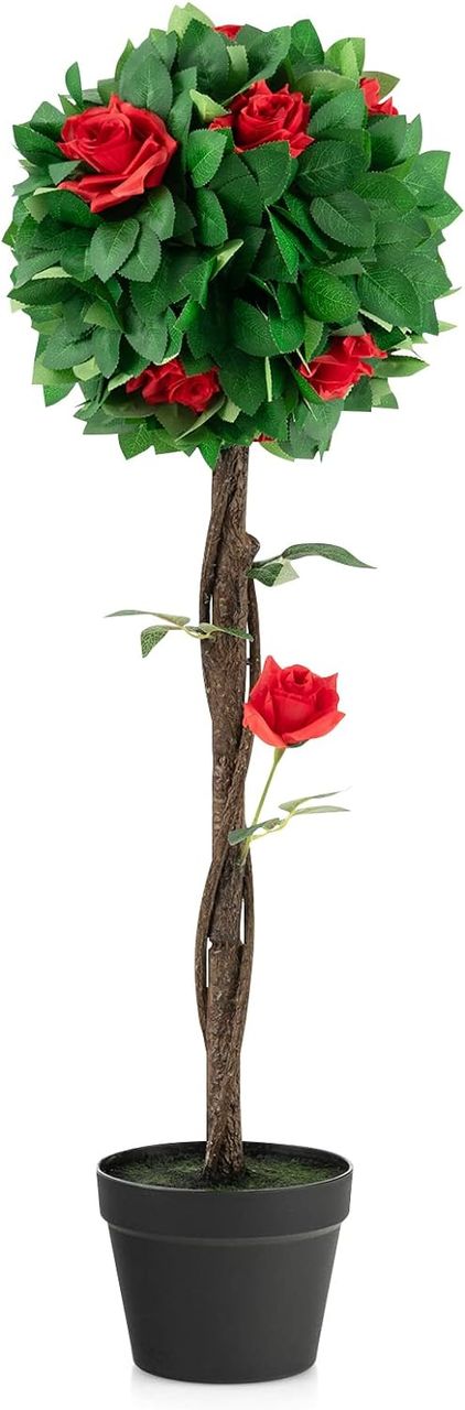 Costway 92 cm Kunstbaum mit Blüten, Künstlicher Kamelienbaum