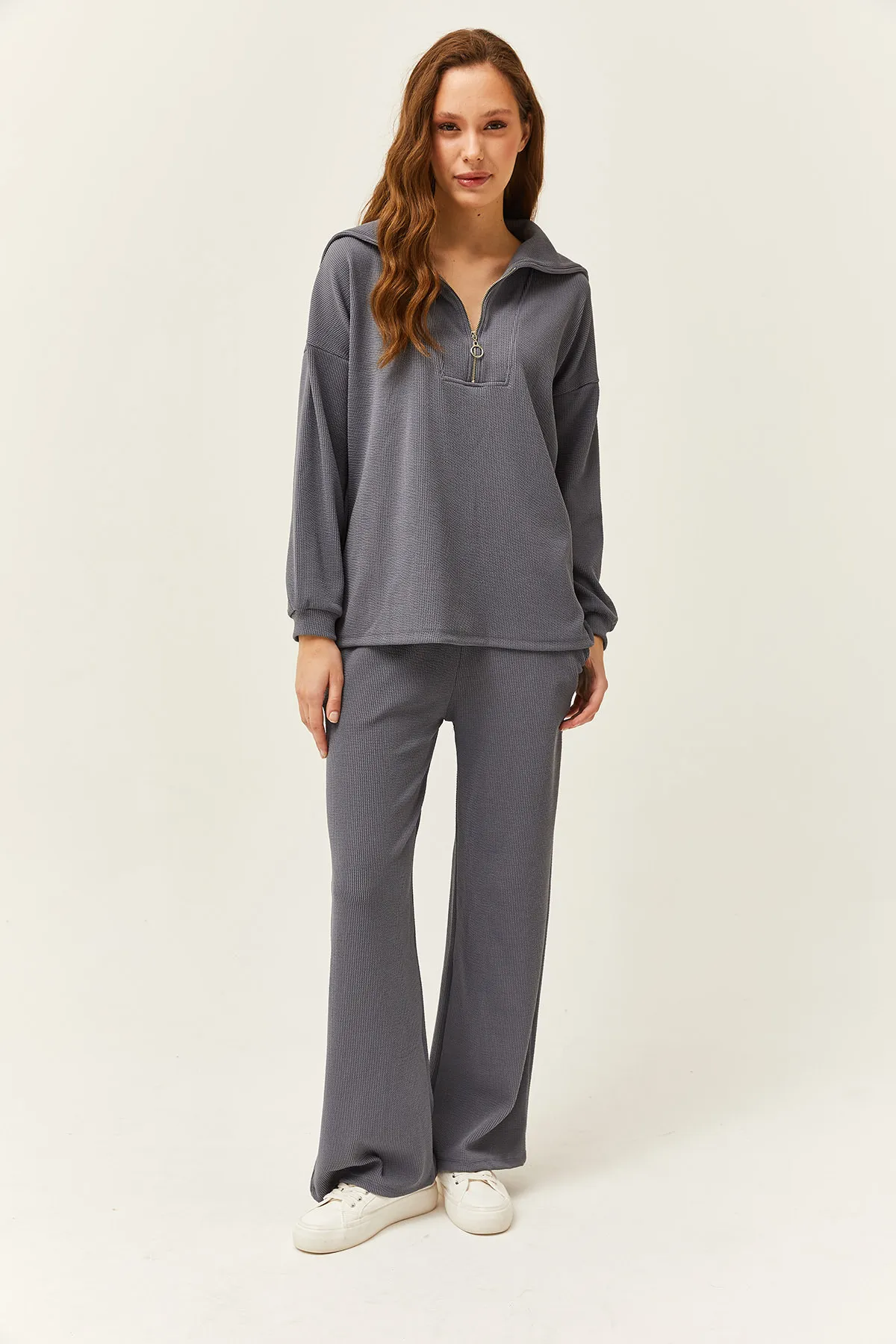 Olalook  Damen-Set mit geräuchertem Oberteil, Pullover mit Reißverschluss und Palazzo-Hose, TKM-19000240